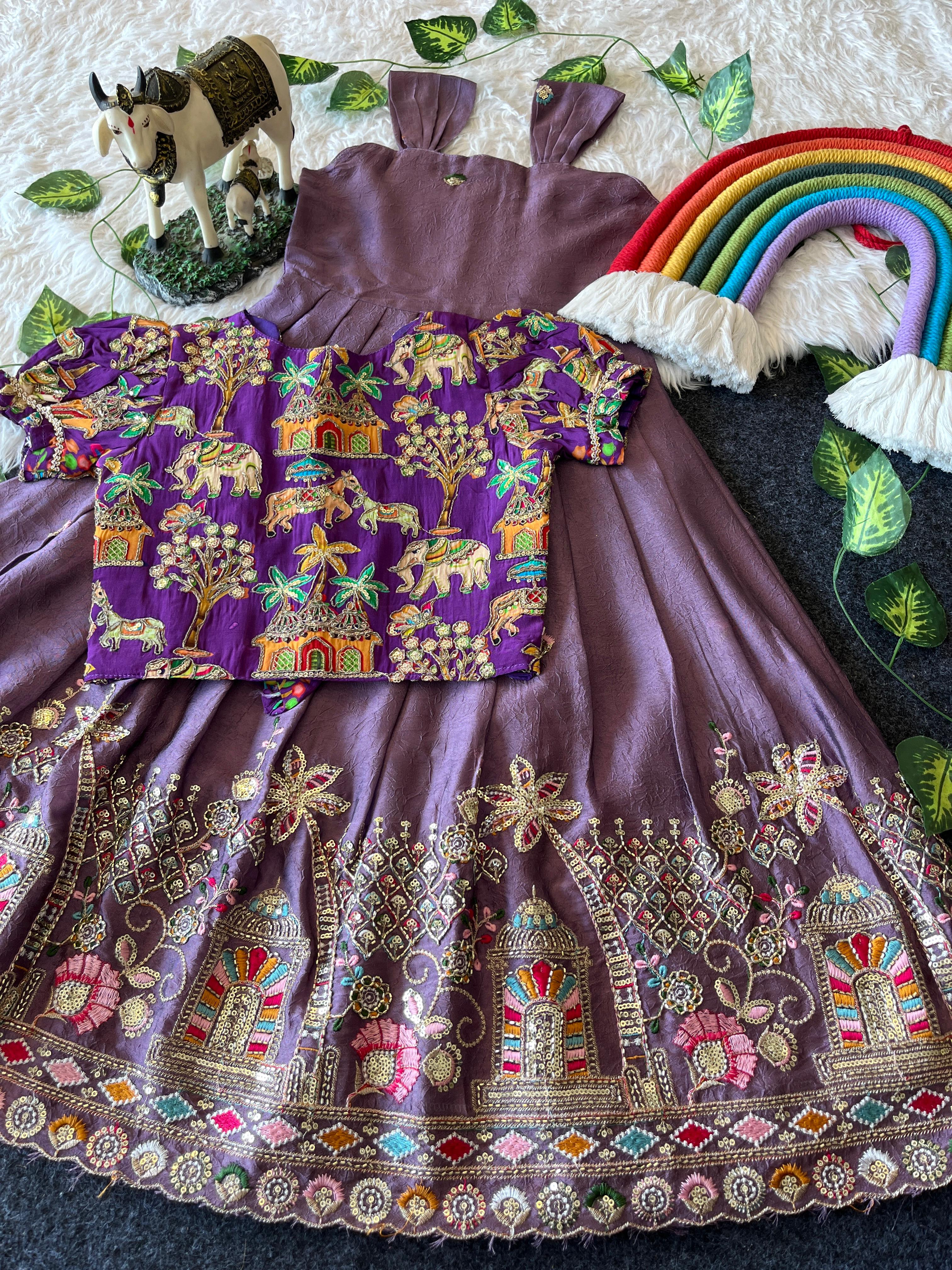Lavender embroiderey traditional outfit with colorful blouse on a decorative background