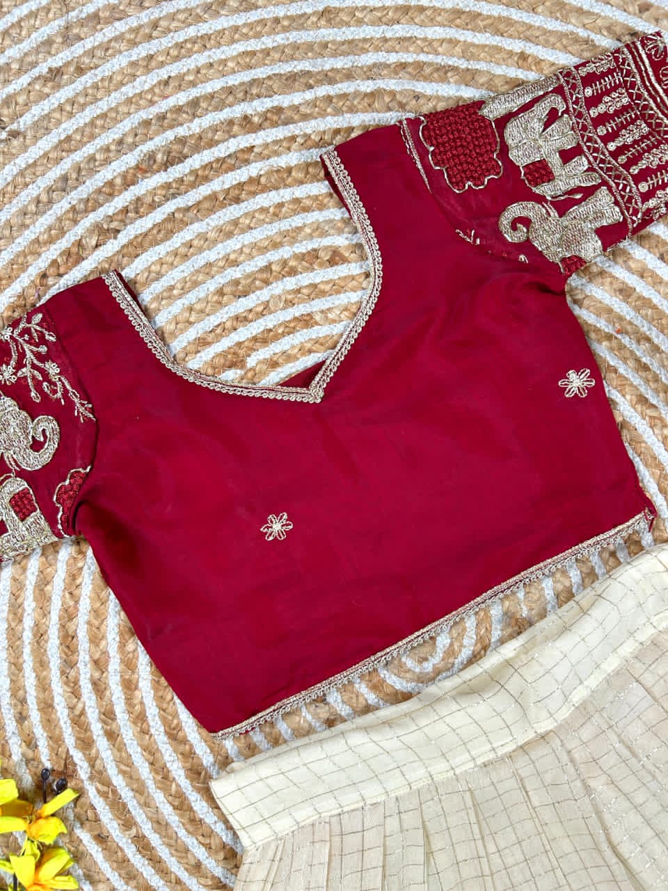 Red blouse and cream colour lehanga 