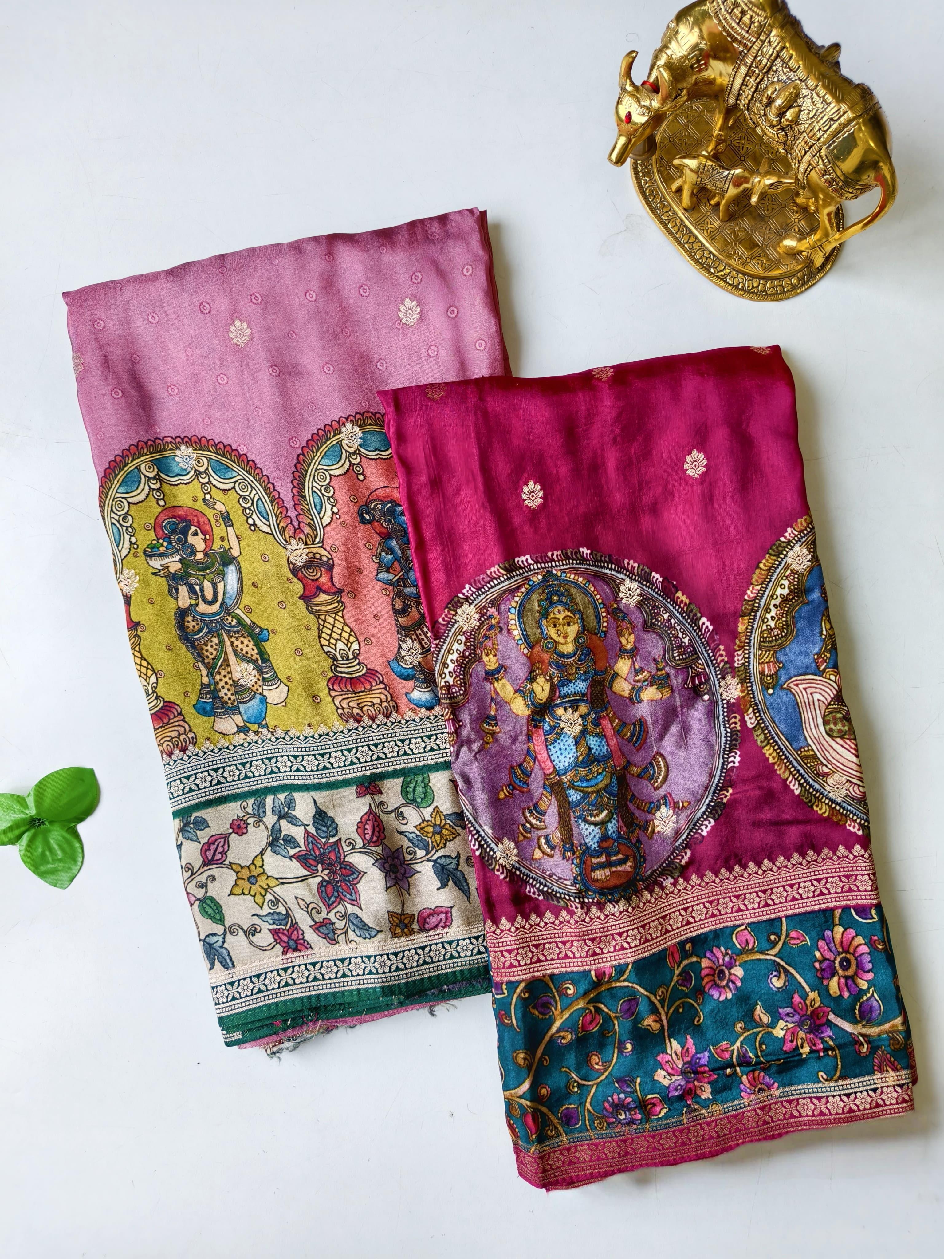 Onion pink and Rani pink sarees with intricate designs on a white background