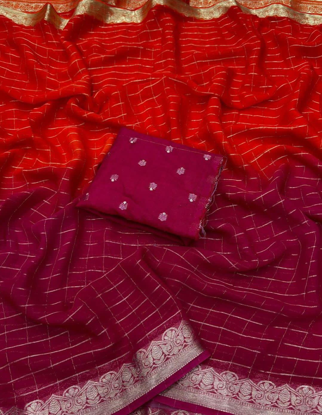 Rani pink & Red saree with gold border 
