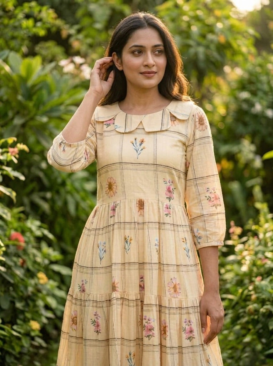 beige frock with floral patterns 