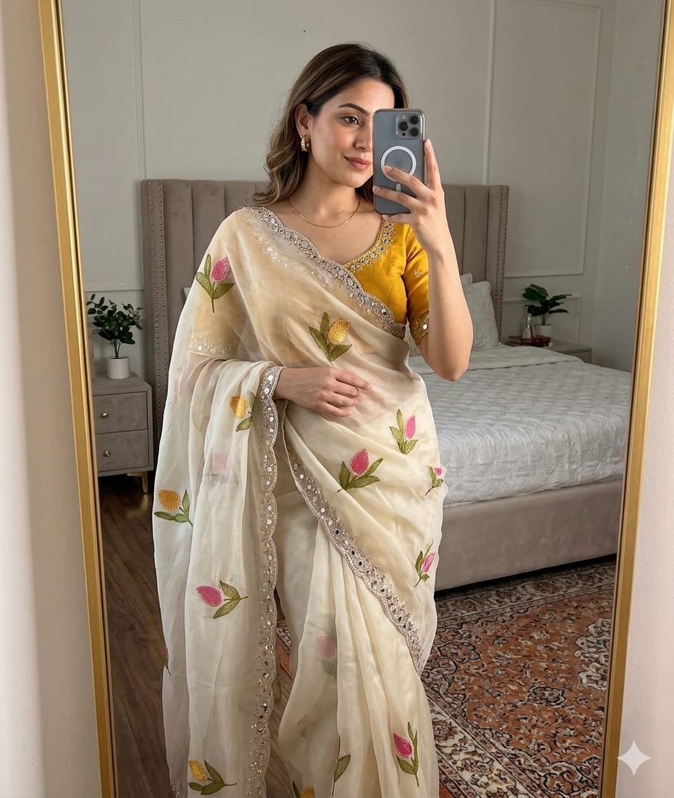 Woman taking a mirror selfie wearing a cream saree with floral patterns in a bedroom.