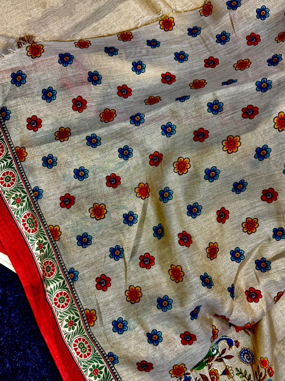 Cream floral patterns and a red border