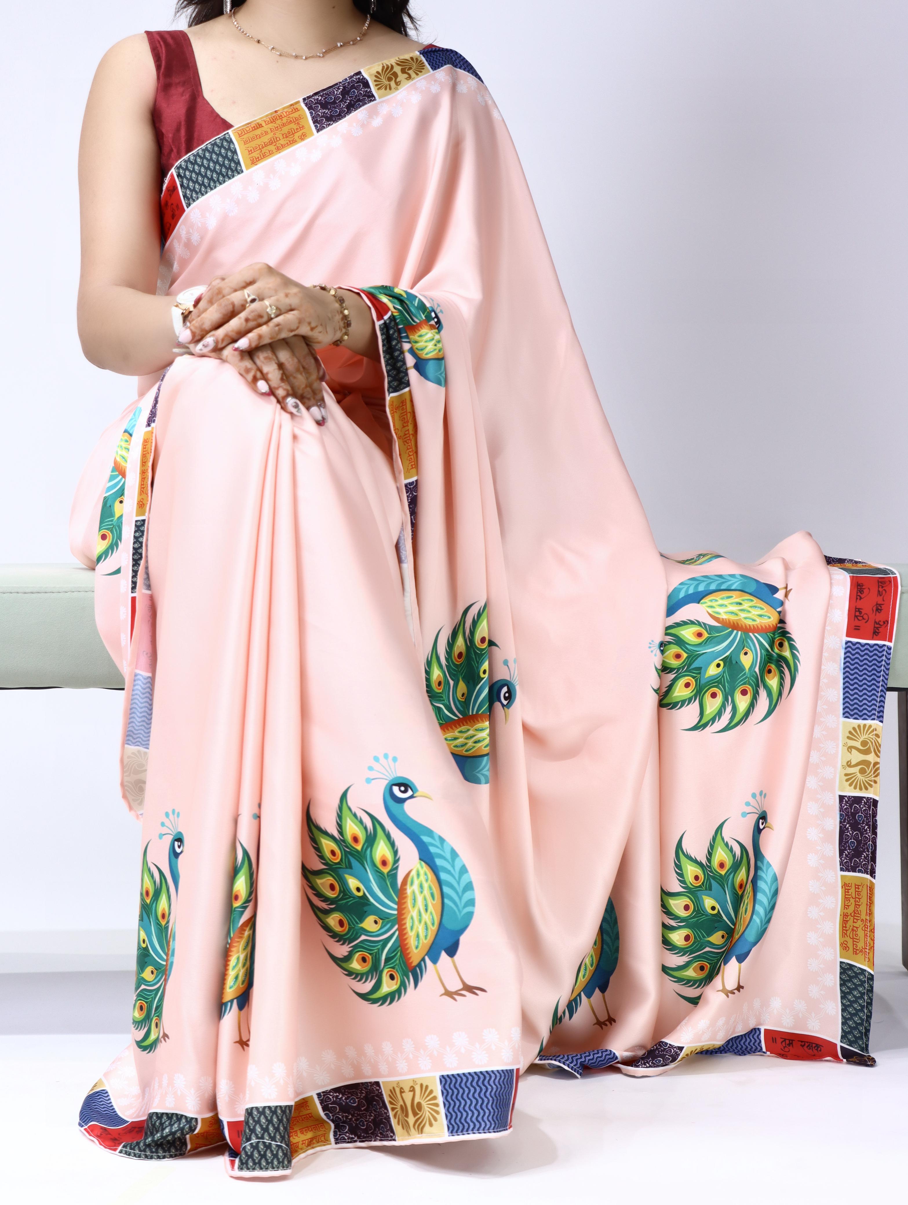 Pastel pink saree with floral patterns 