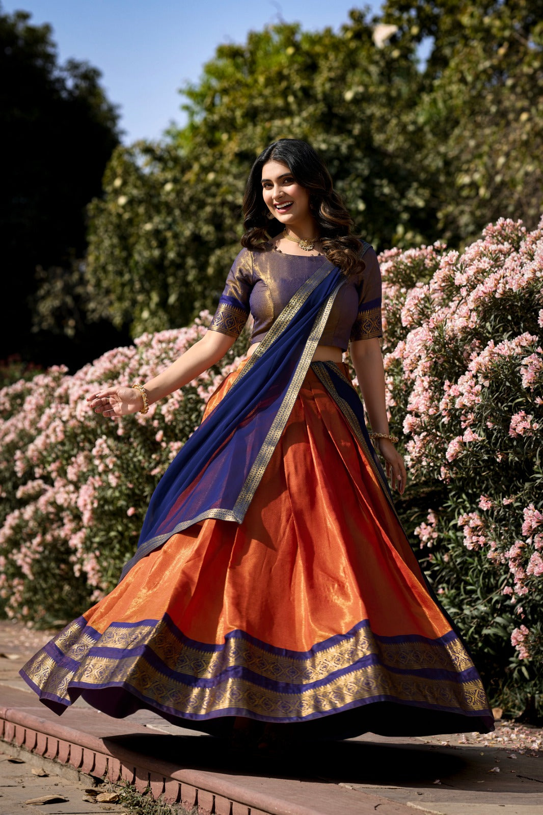 Rust Orange & Navy Blue saree 