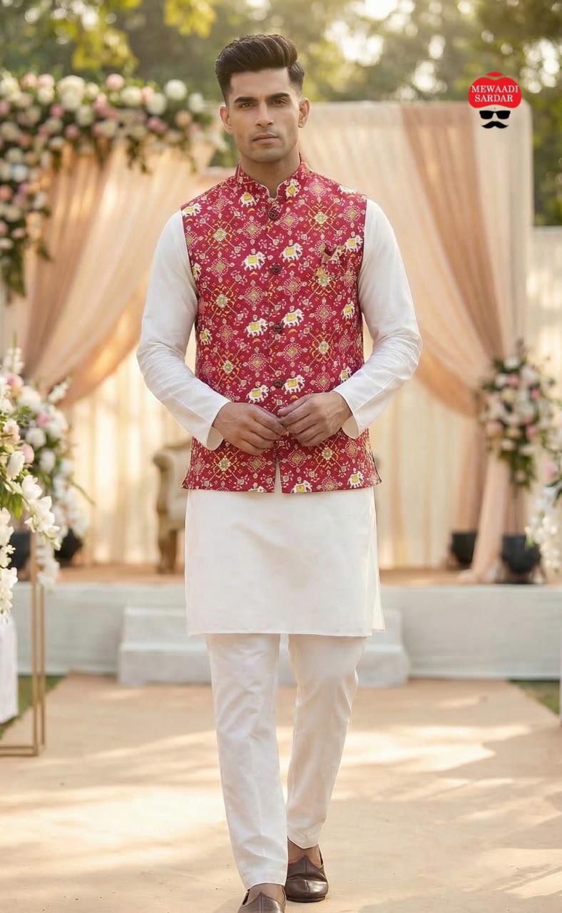 Man wearing a red floral nehru jacket over a white kurta with a decorated background