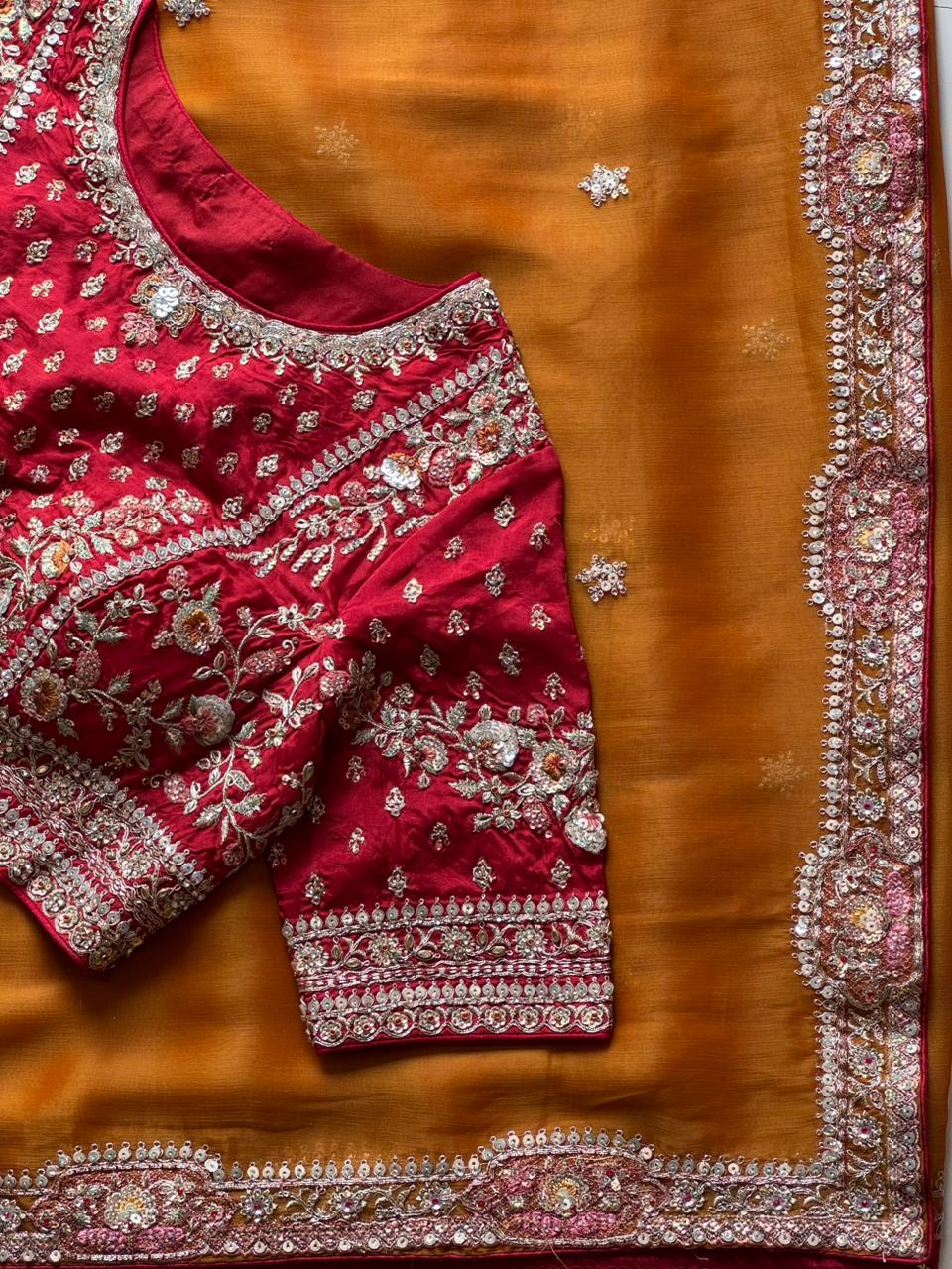 Mustard Yellow fabric with Red blouse 