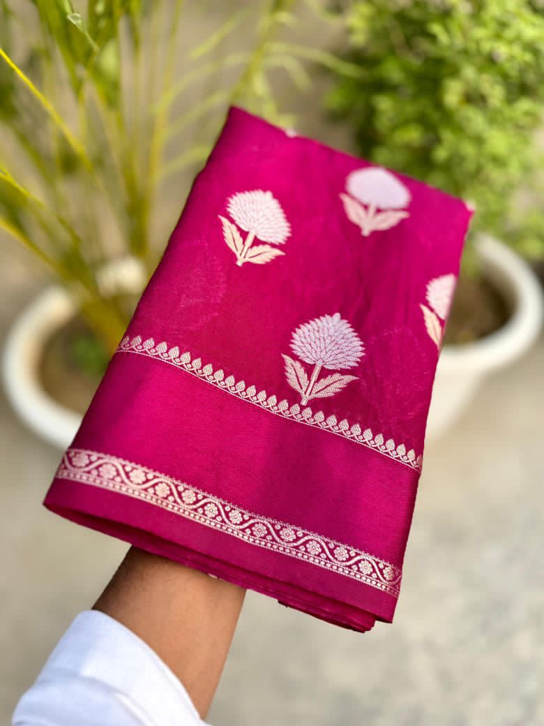 Rani Pink fabric with white floral patterns