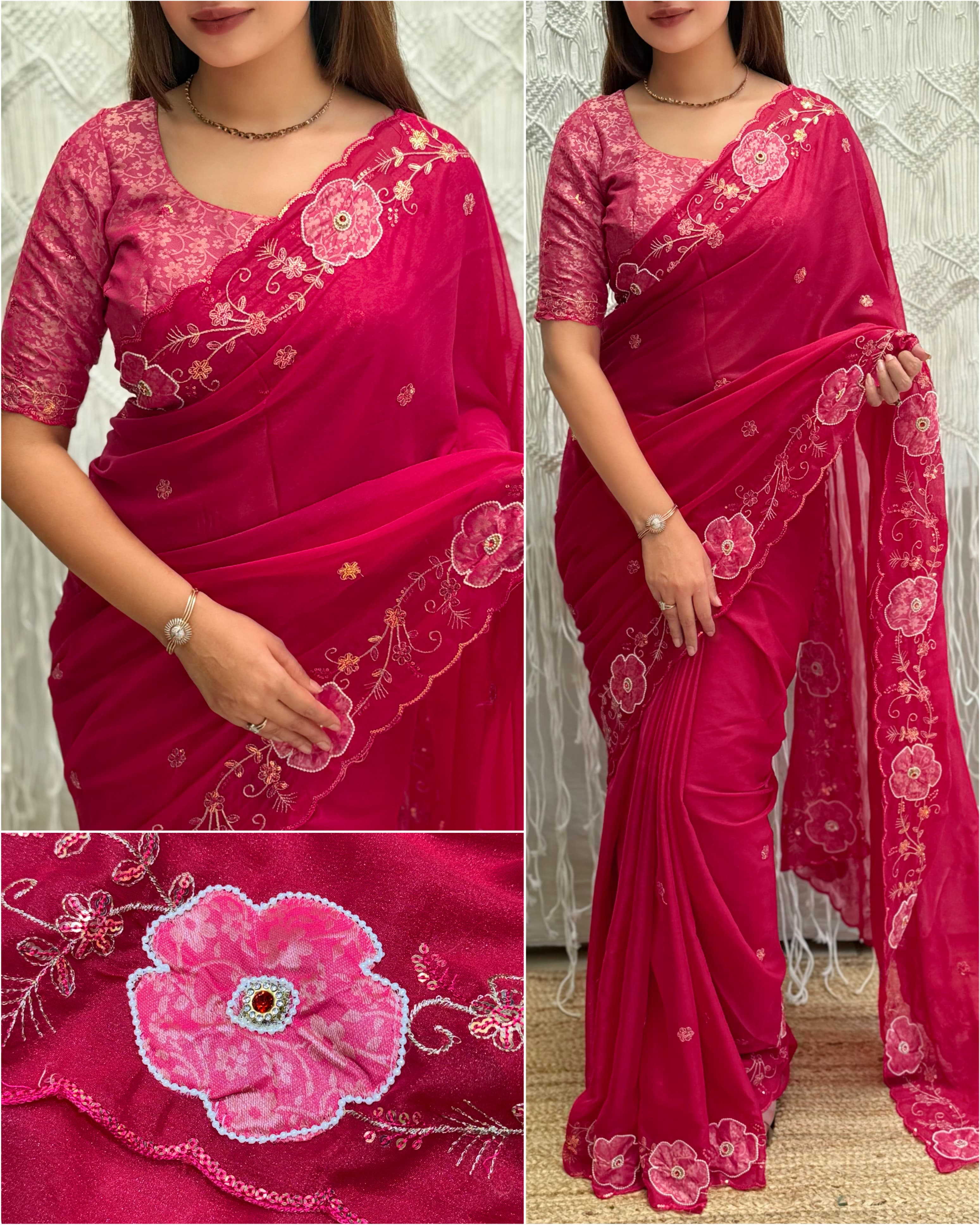 Pink saree with floral patterns 