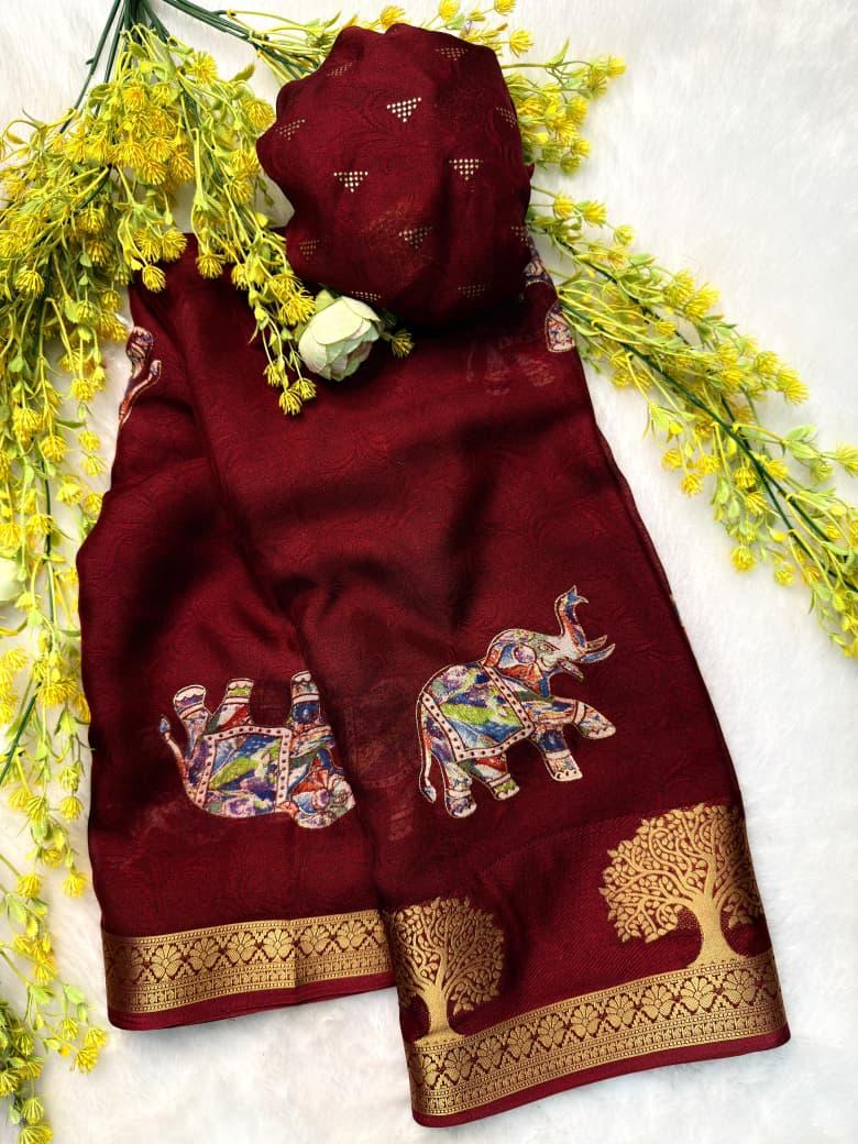 Maroon saree with elephant design