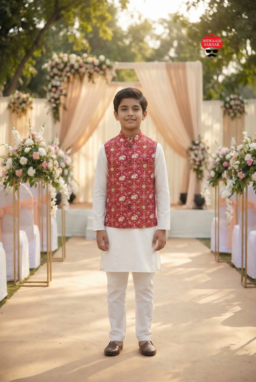 Young boy in red traditional attire standing in front of a decorated outdoor setting with flowers and curtains.