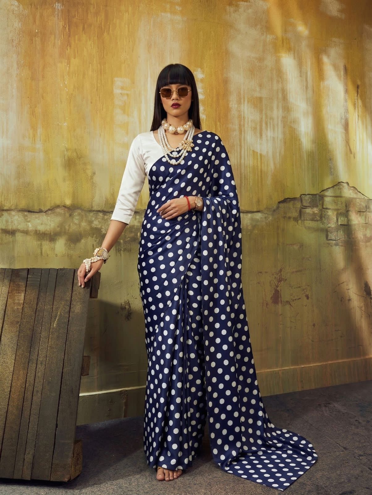 Navy blue saree with floral patterns 