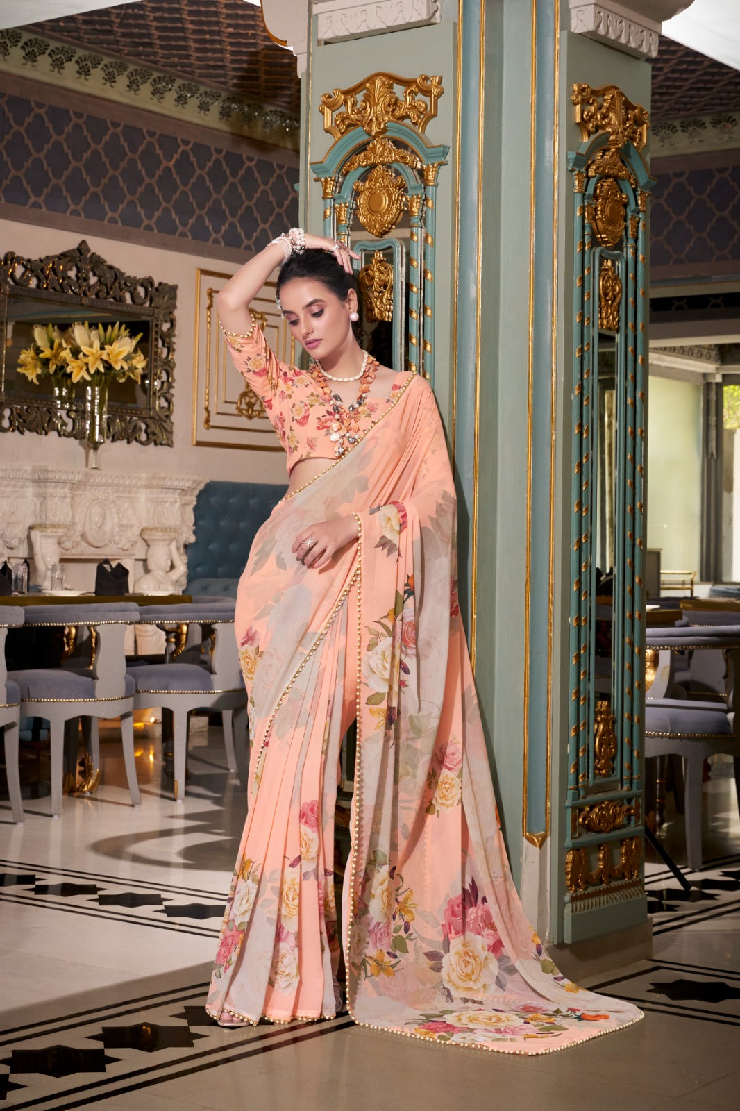 Light orange floral saree