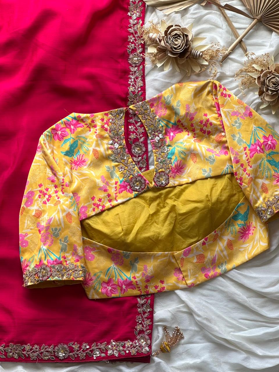 Pink saree with yellow blouse 