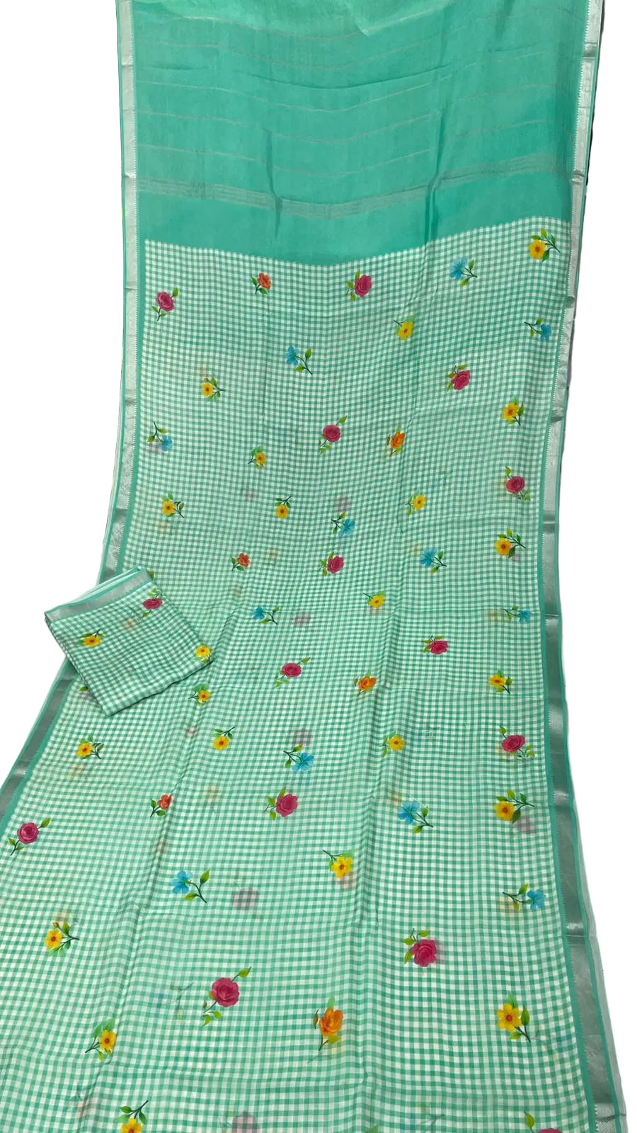 Rama green colour Mangalagiri checks and floral saree