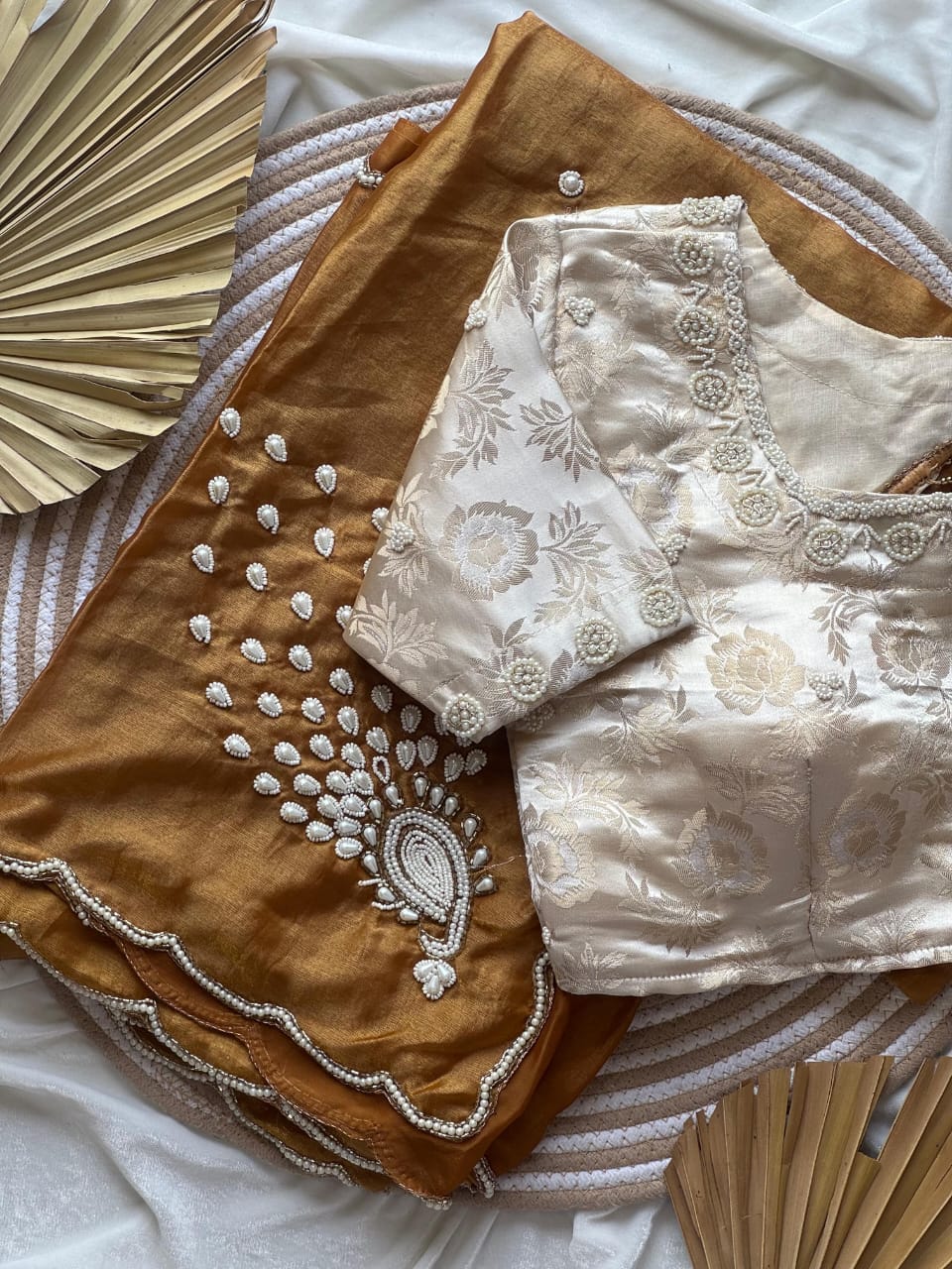 Gold saree with cream blouse 