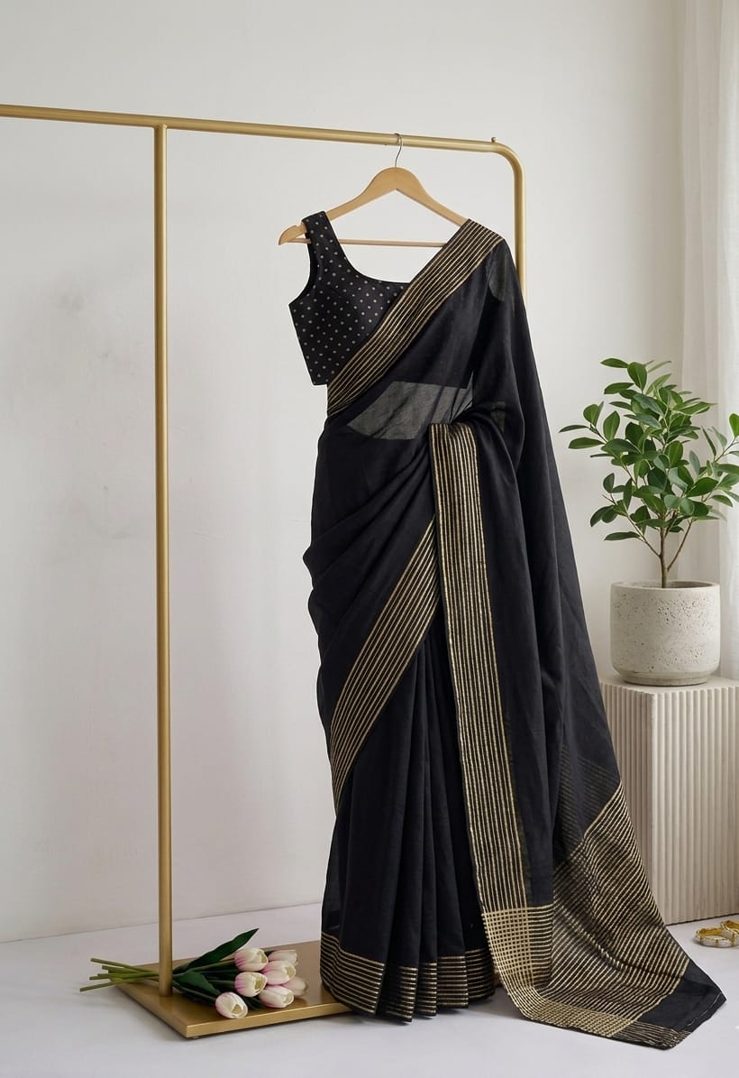Black saree with gold border on a hanger against a white wall.