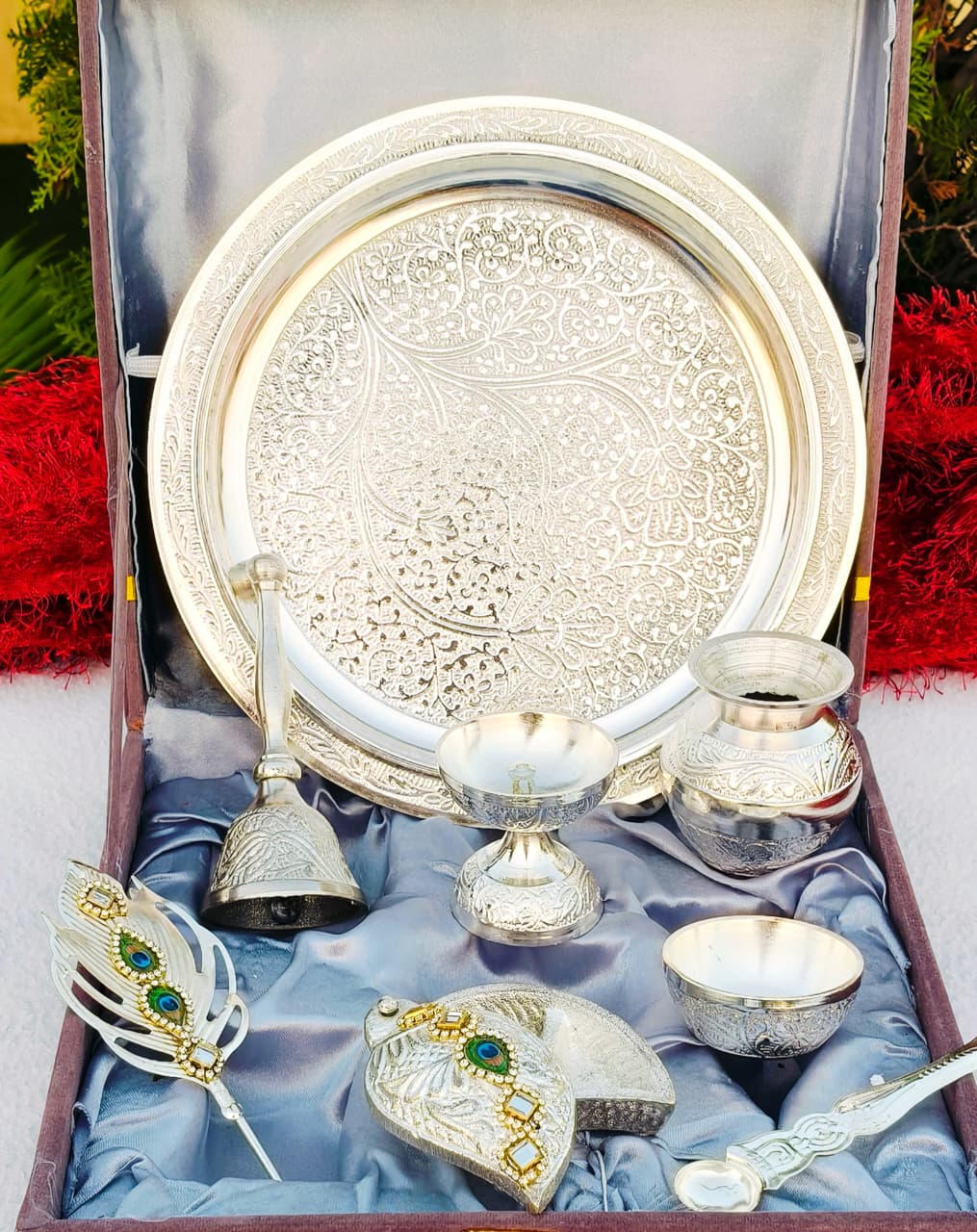 German silver pooja set with velvet box