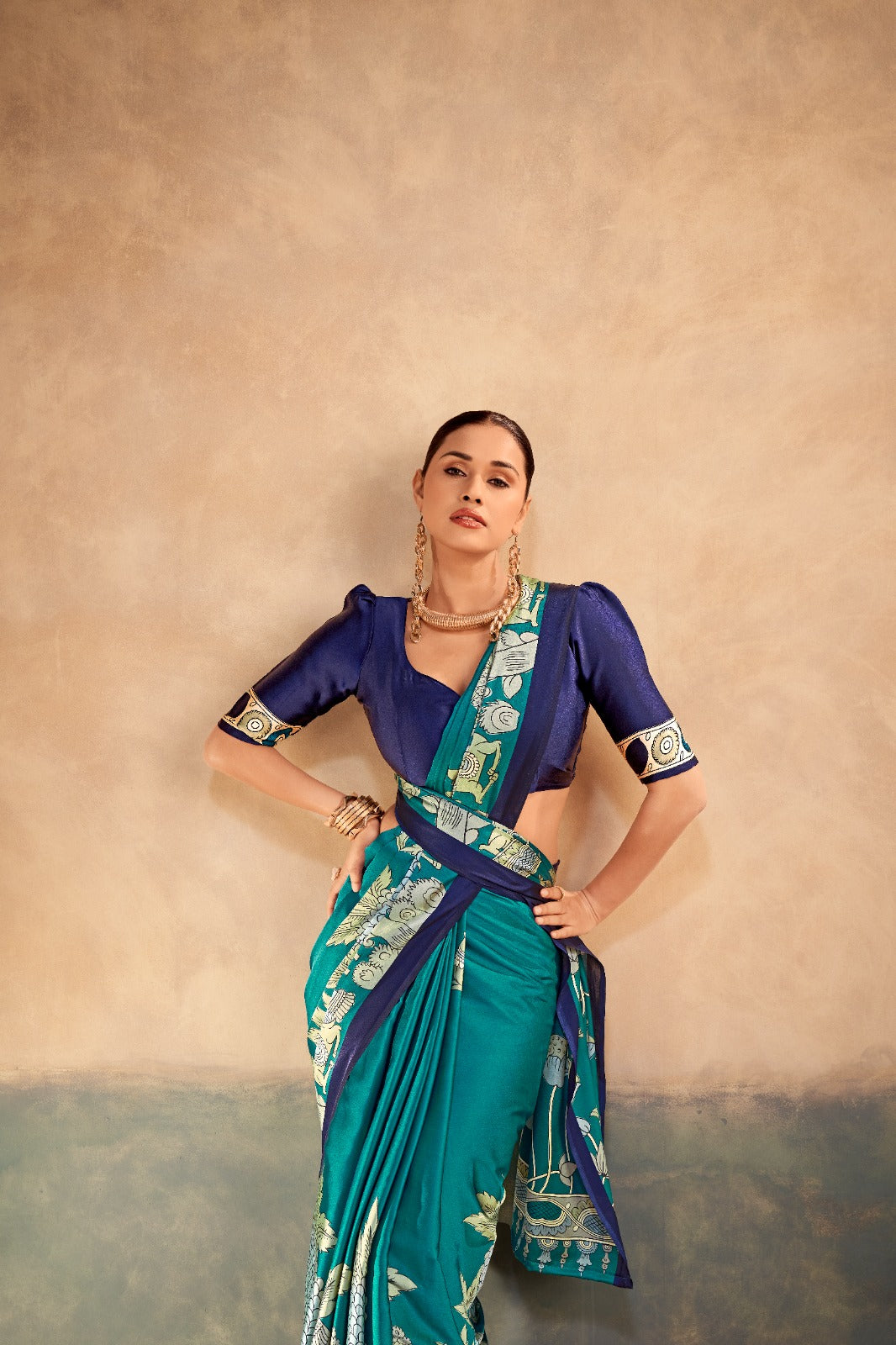 Rama Green saree with white floral patterns 