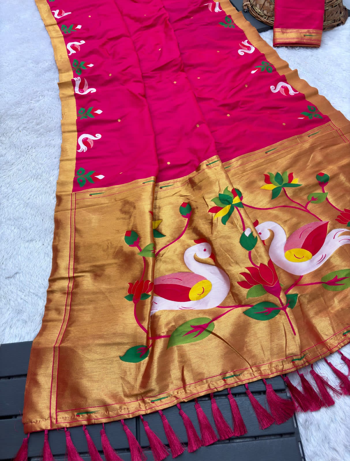 Pink saree with gold border 