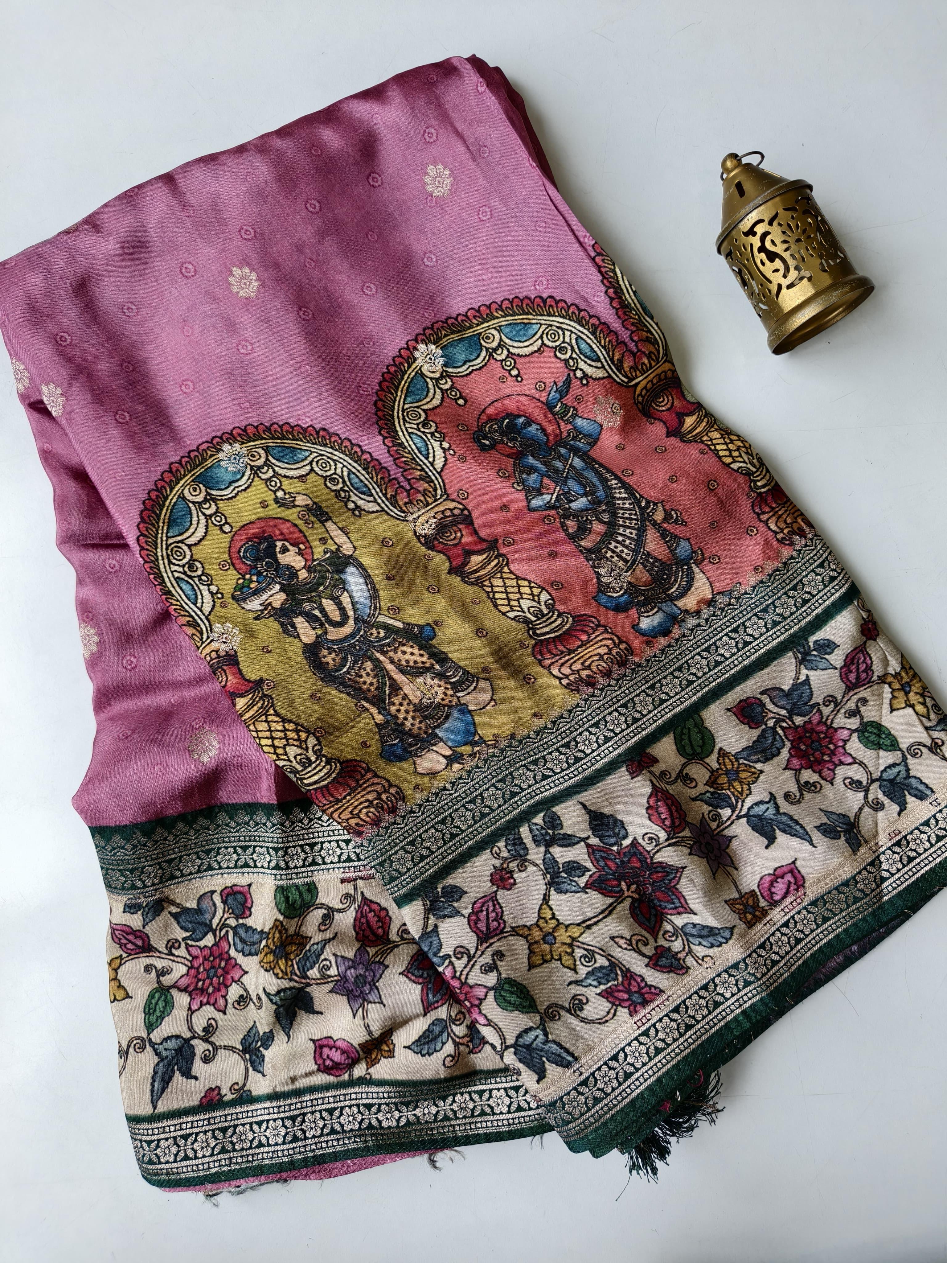 Onion pink saree with intricate designs on a white background