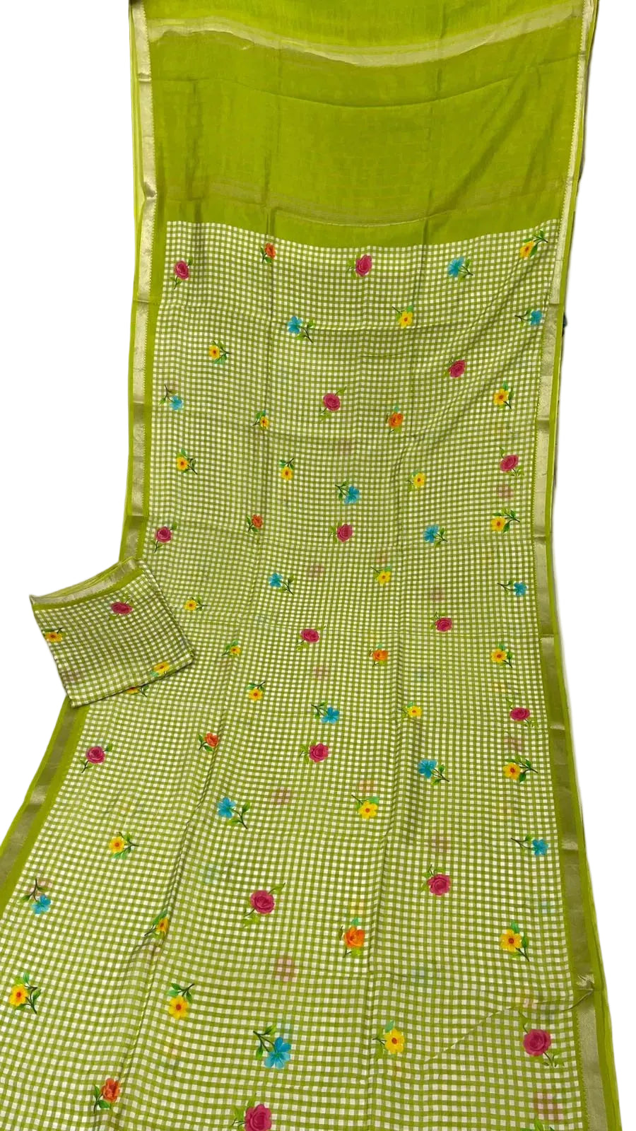 Green 1 colour Mangalagiri checks and floral saree
