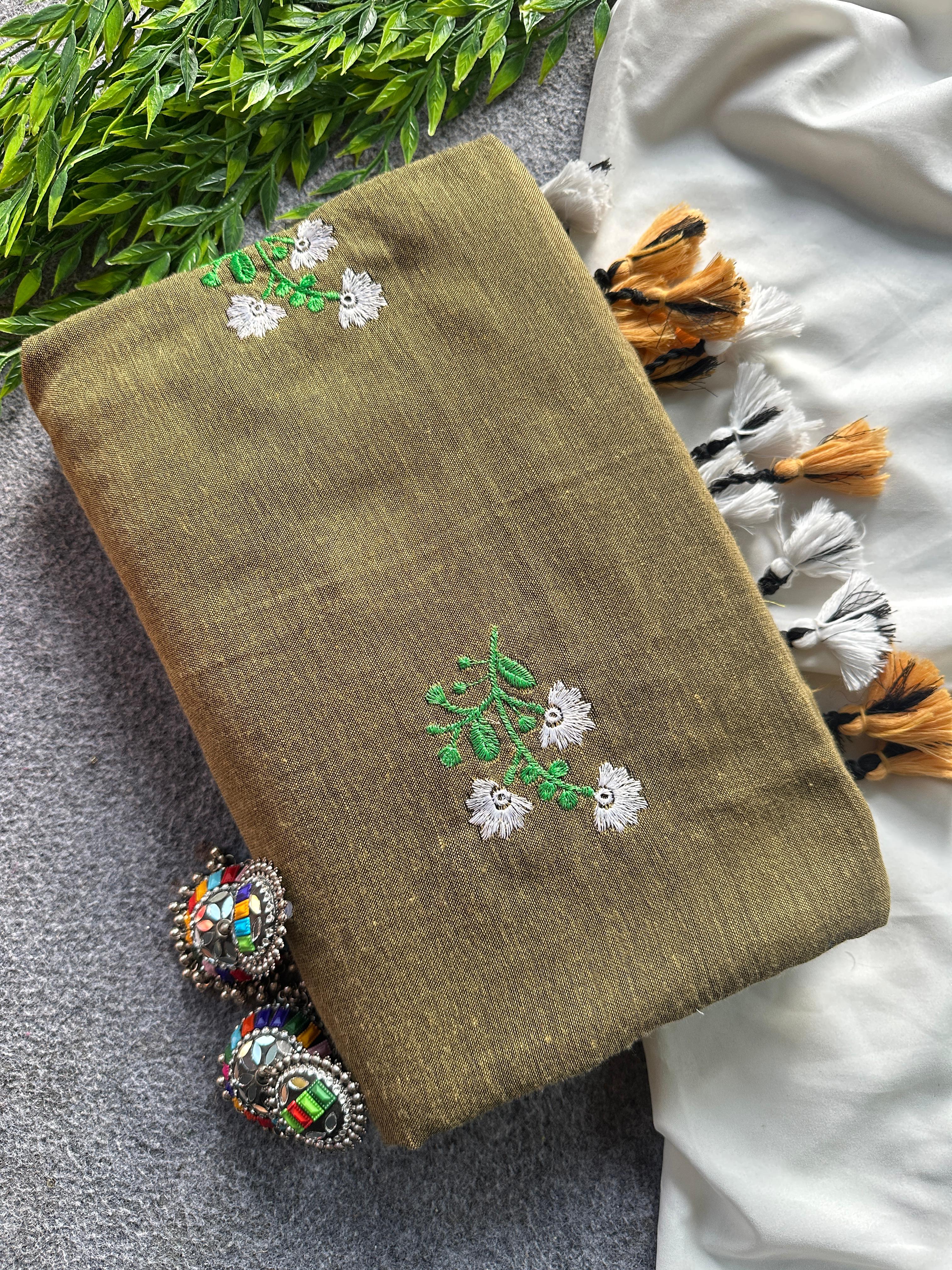 Mehandi Green embroidery work  with floral patterns