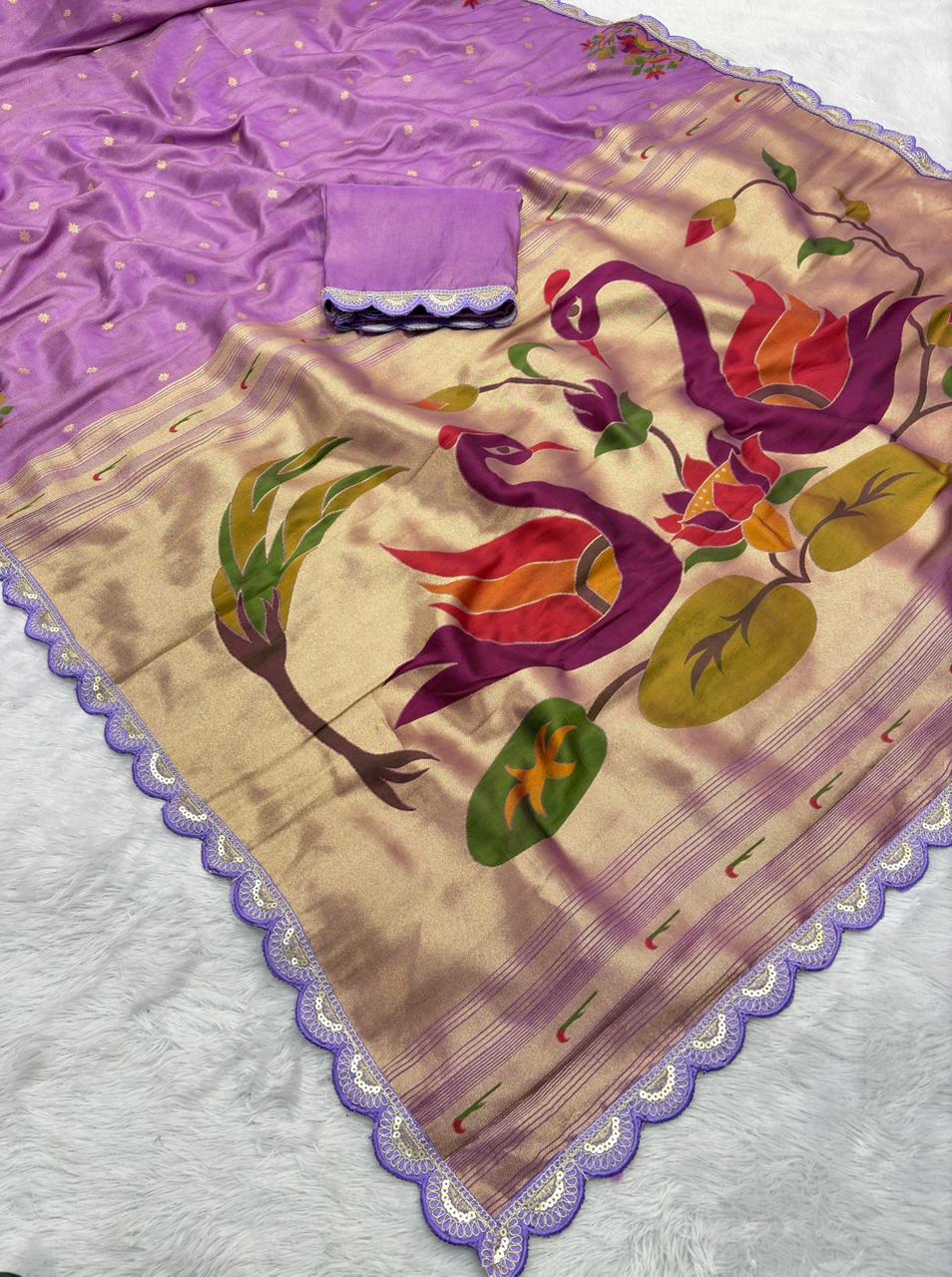 Purple Saree with floral design on a light gray background