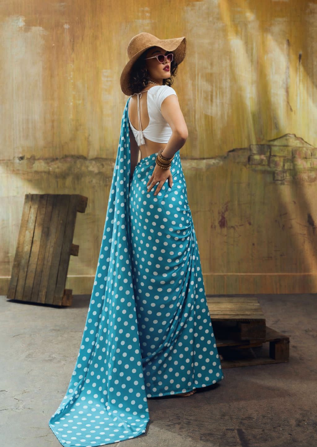 Sky blue polka dot saree