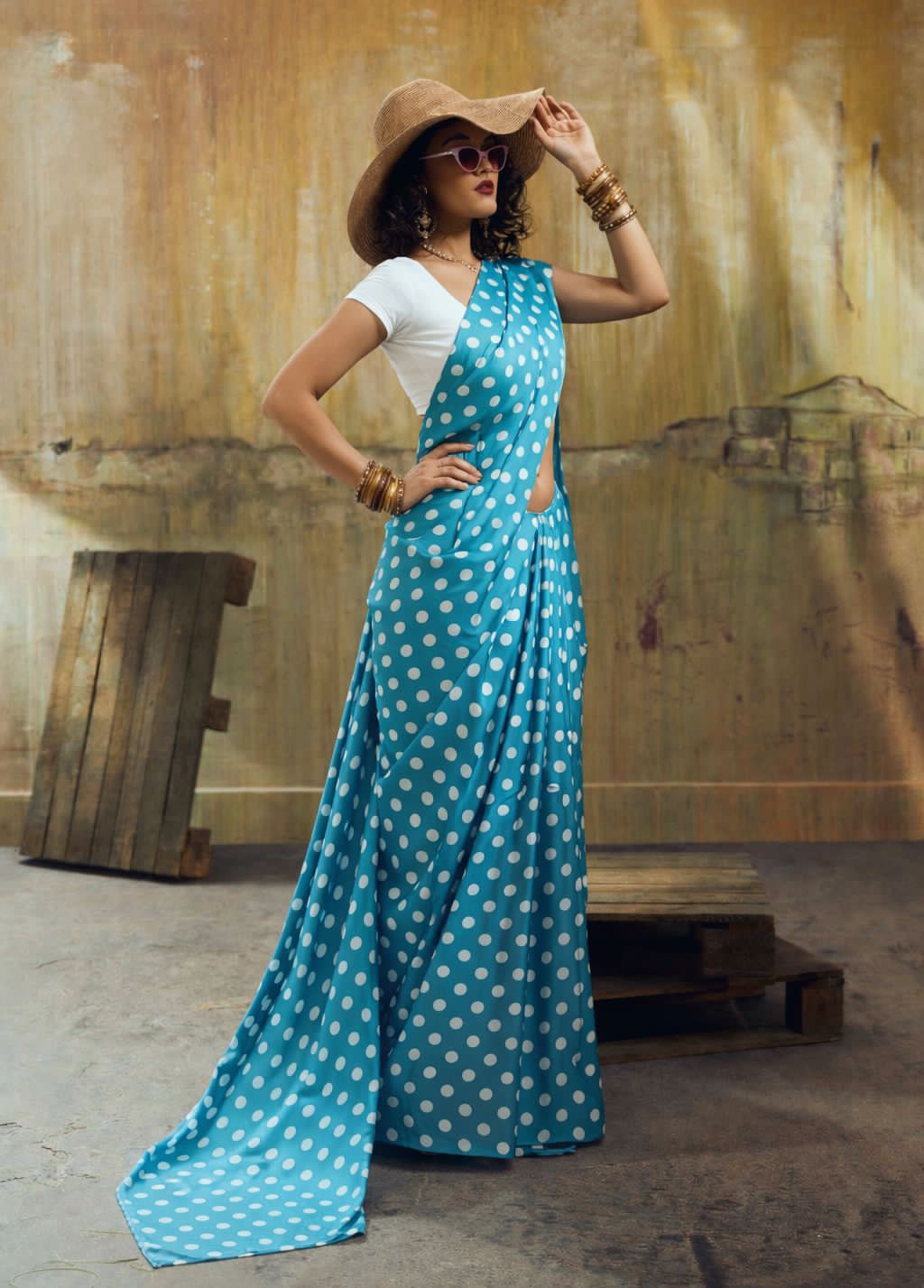 Sky blue polka dot saree