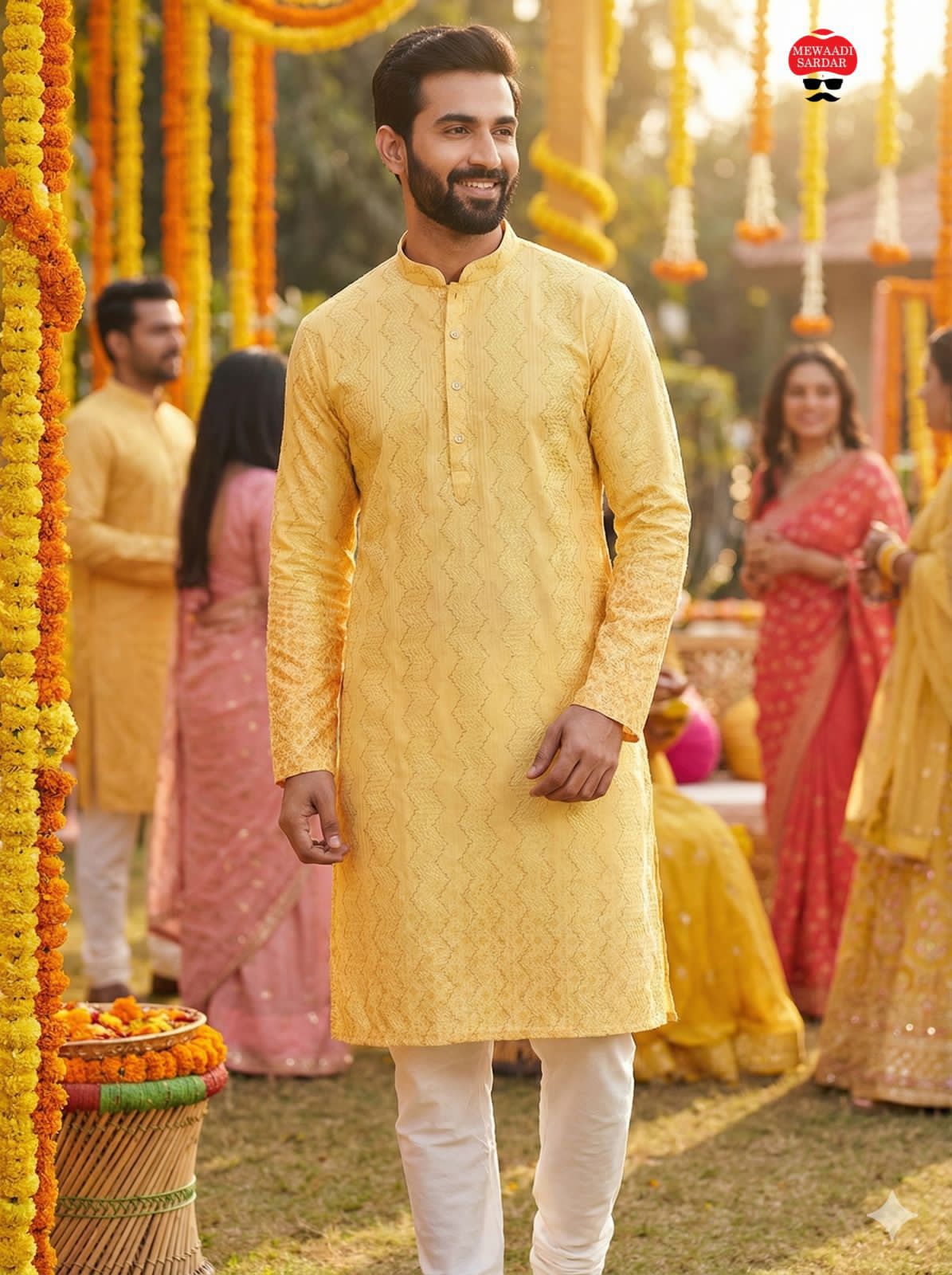 Man in a yellow kurta standing in a decorated outdoor setting with people in colorful traditional attire.