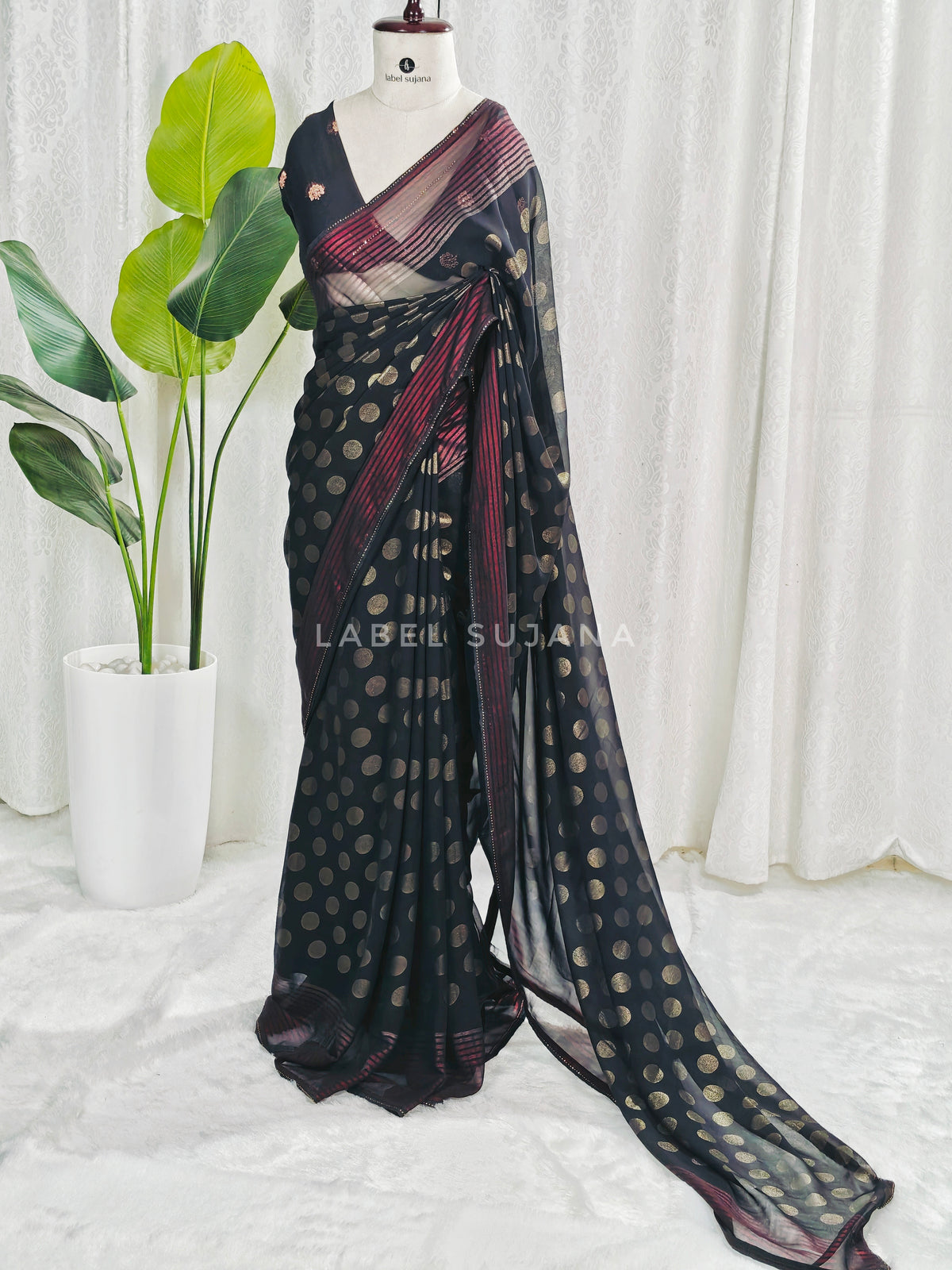 Shimmery Georgette Polka Dot Saree With Metallic Borders LSS20