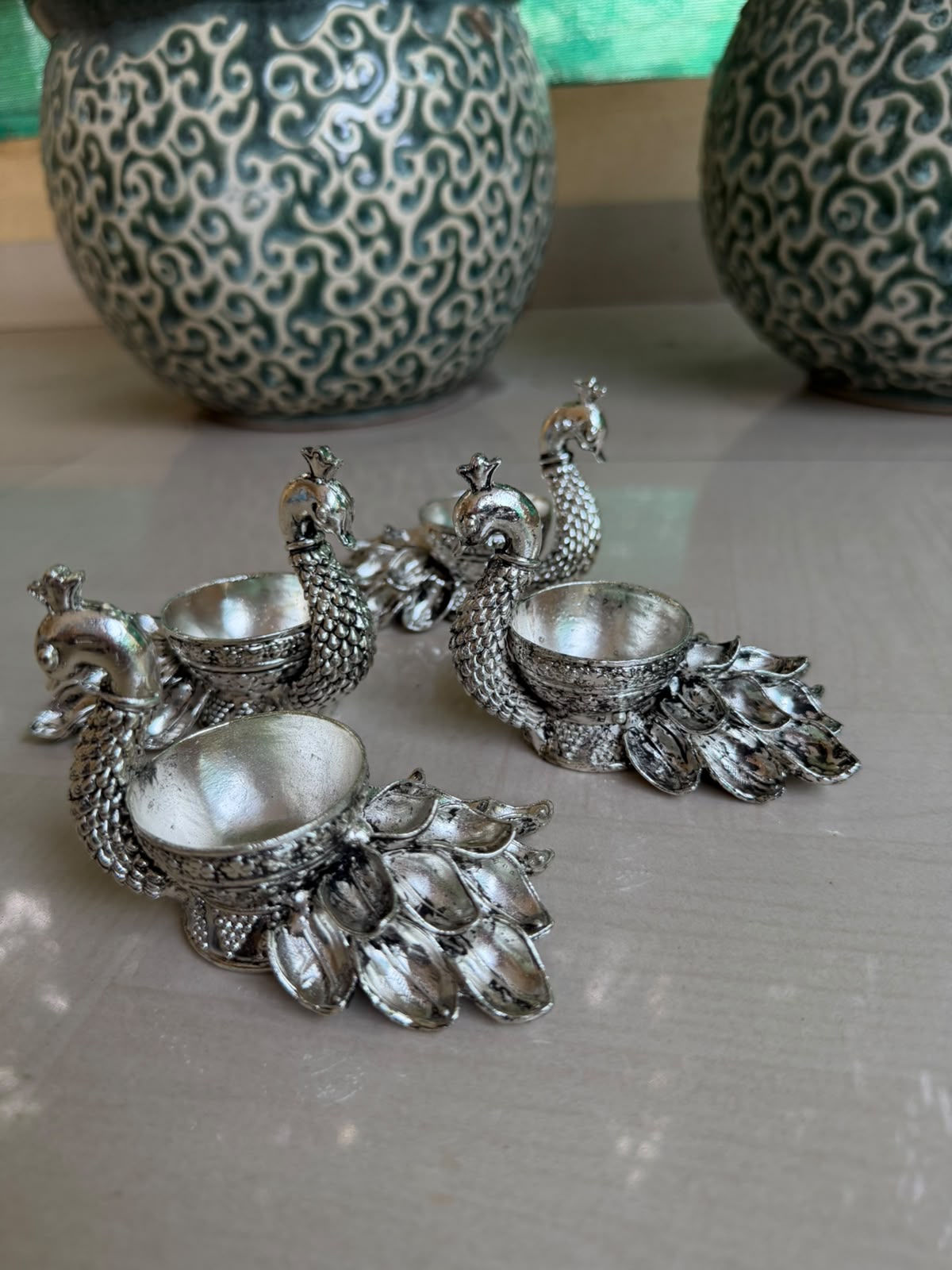 Antique German Silver big peacock deepam