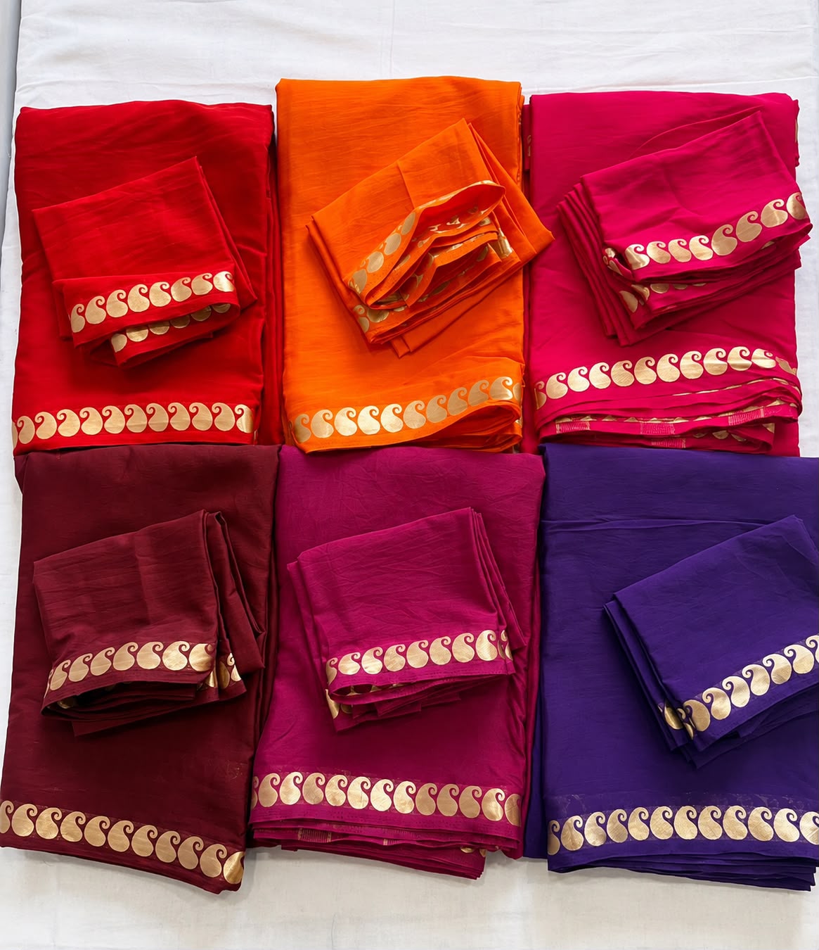 Brown, orange,Red,Rani pink, Bright pink, purple 