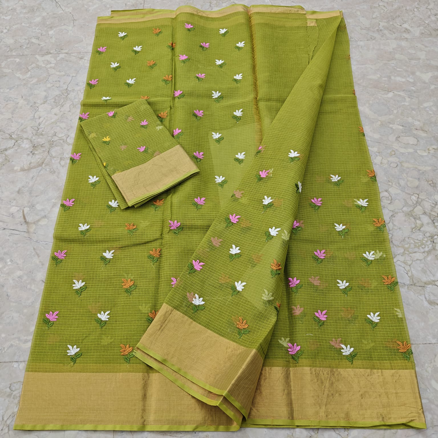 Parrot Green saree with floral patterns 
