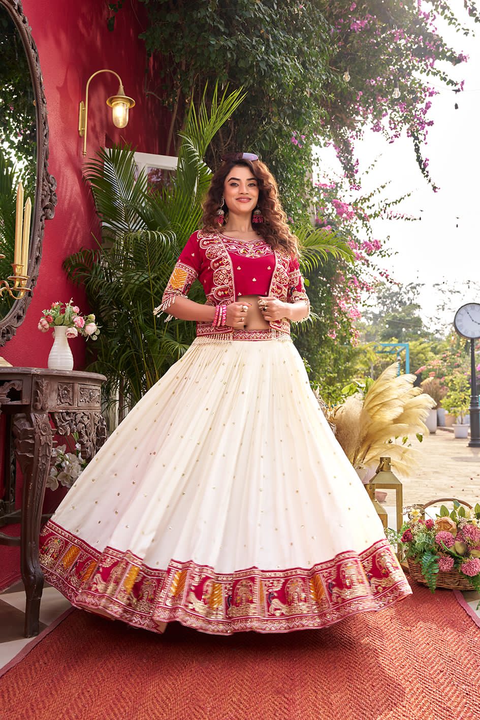 traditional outfit with pink and white colors