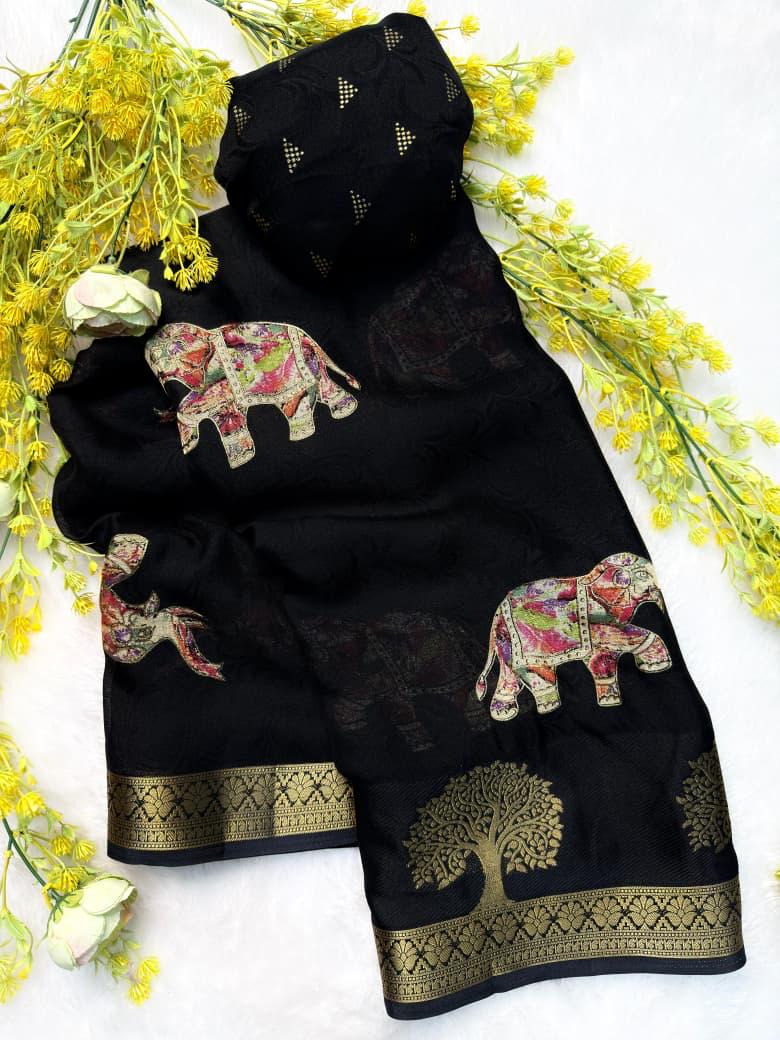 Black saree with elephant design 