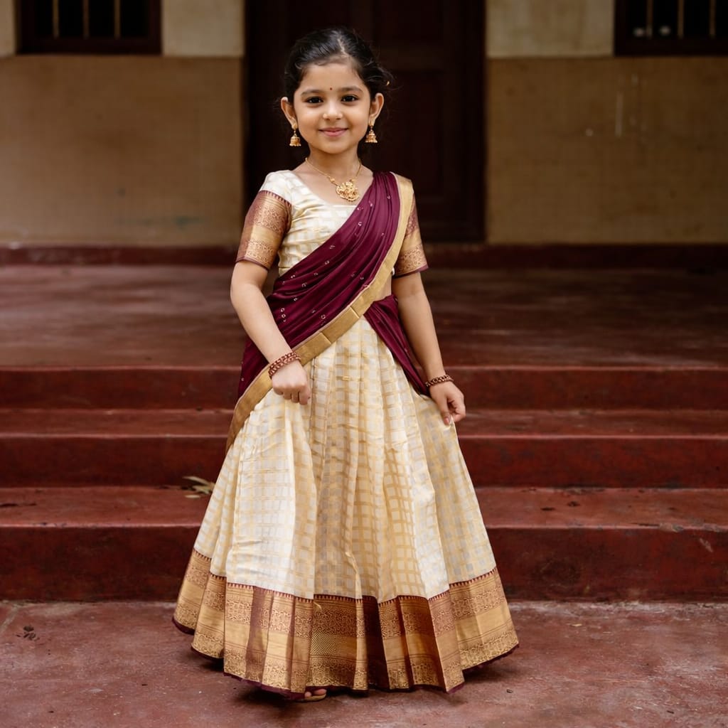 Young girl in a maroon traditional lehanga standing on steps