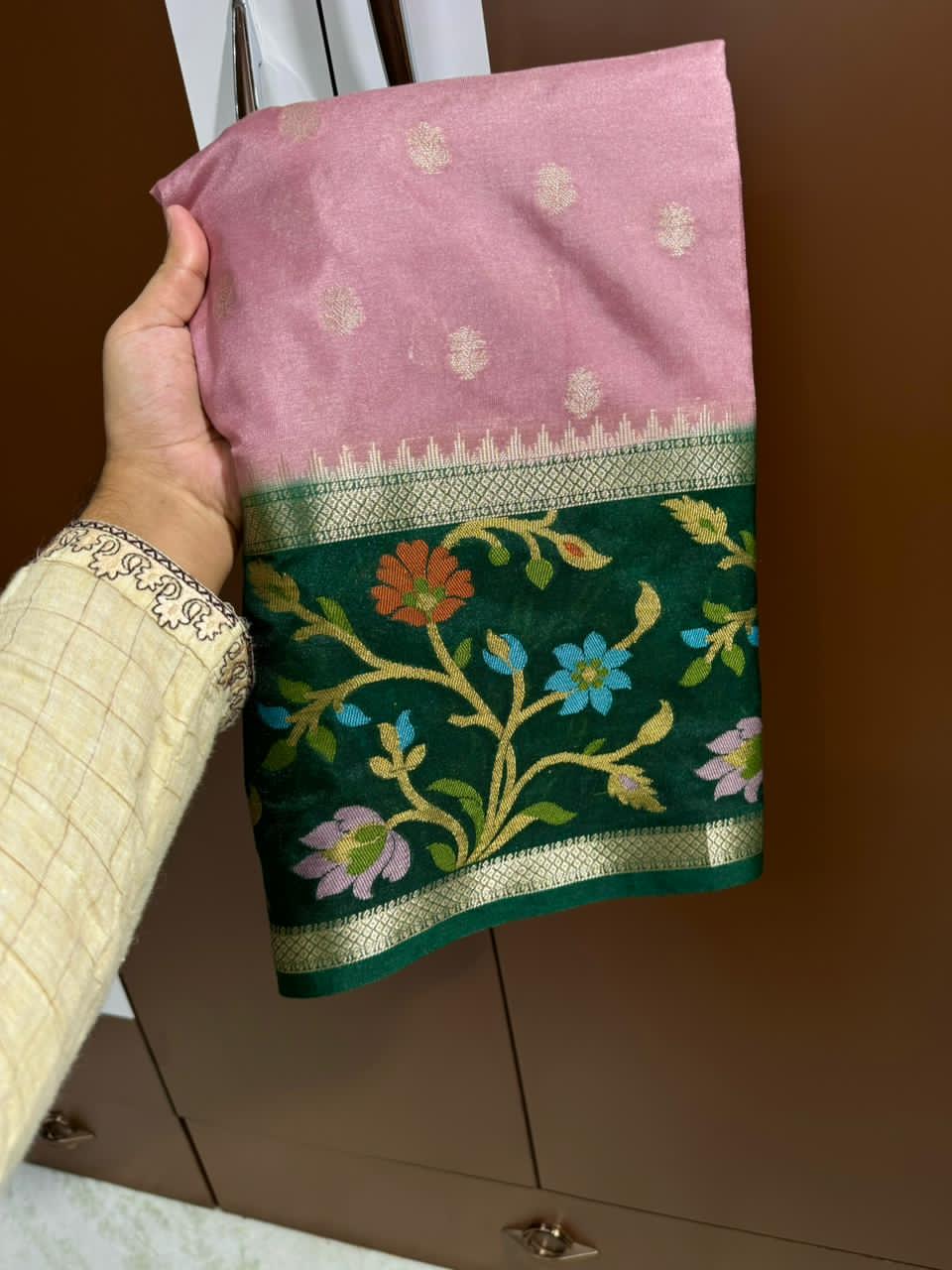 Baby pink nk fabric with floral patterns and design 