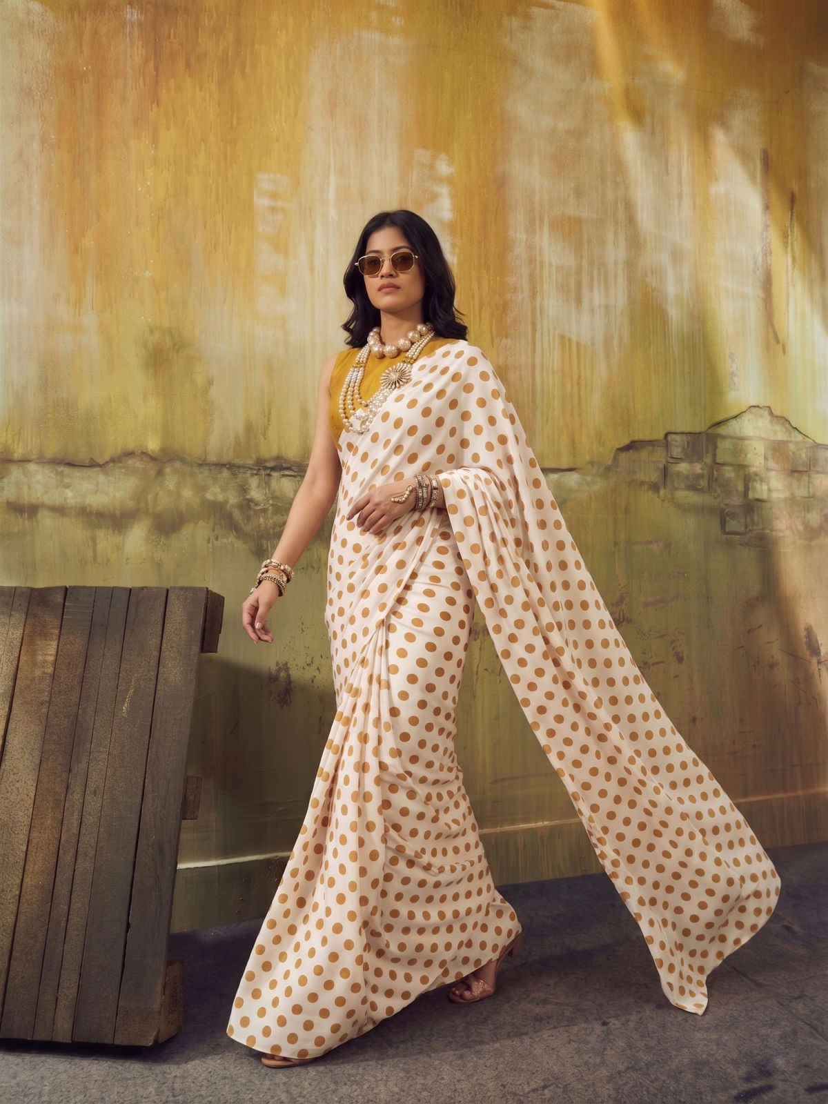 Beige saree with polka dots 