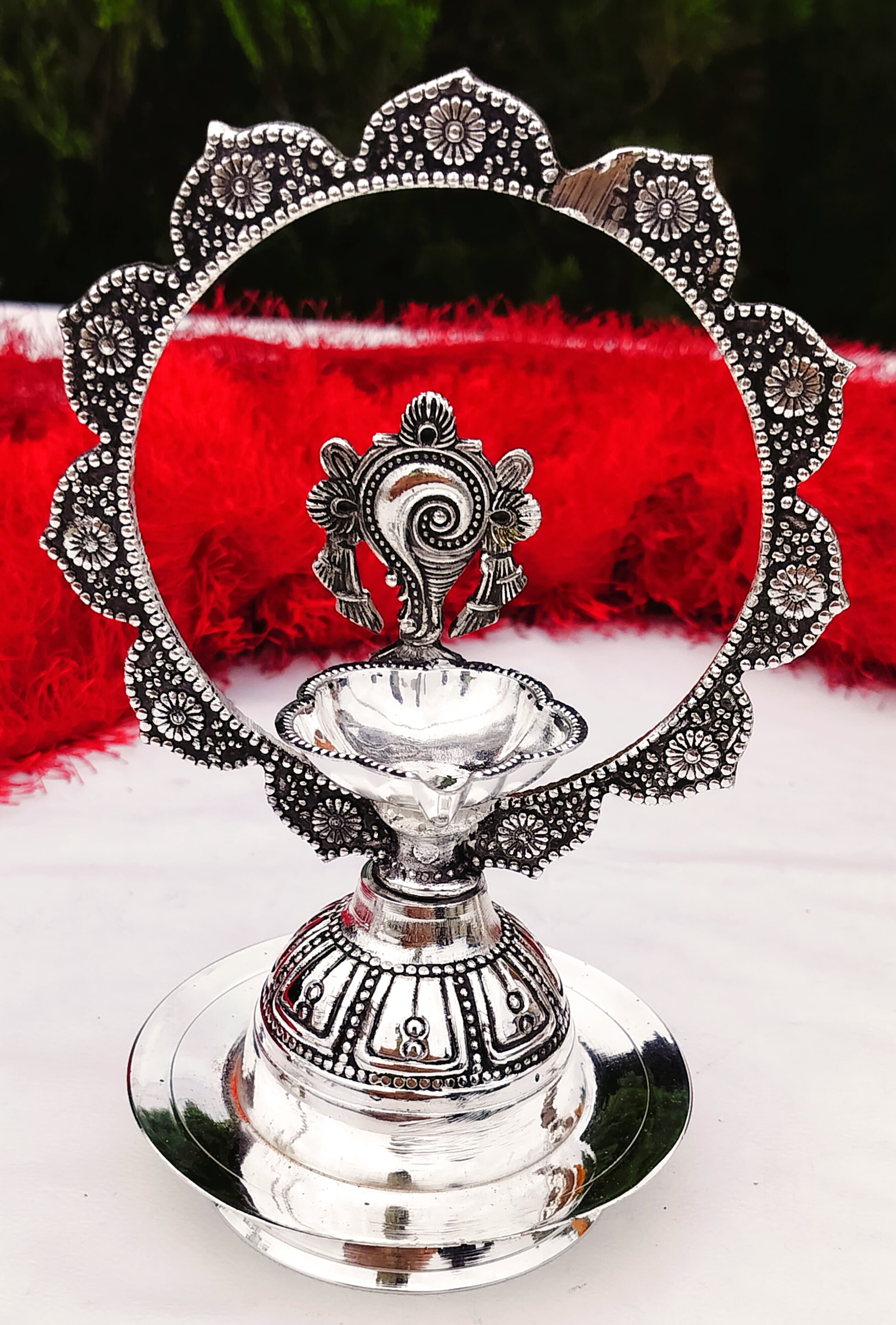 Antique german silver Shanku chakra diya pair