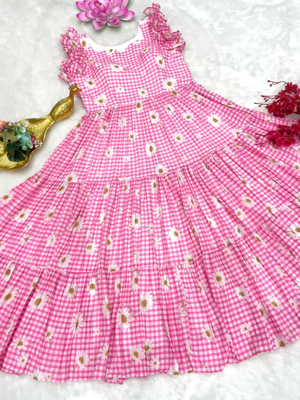 Baby Pink checkered dress with floral patterns on a white background