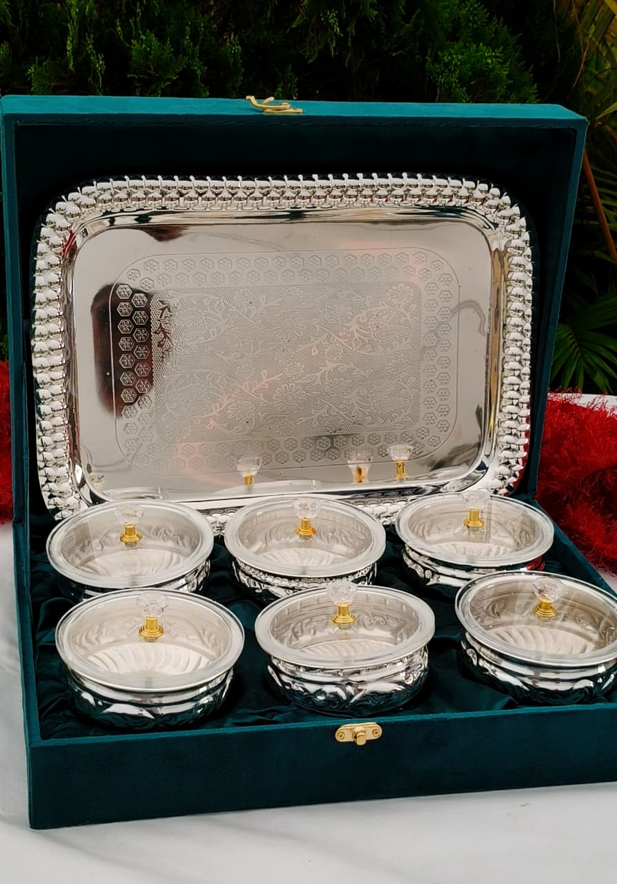 German silver 6 piece acrylic lid elephant urli with tray set