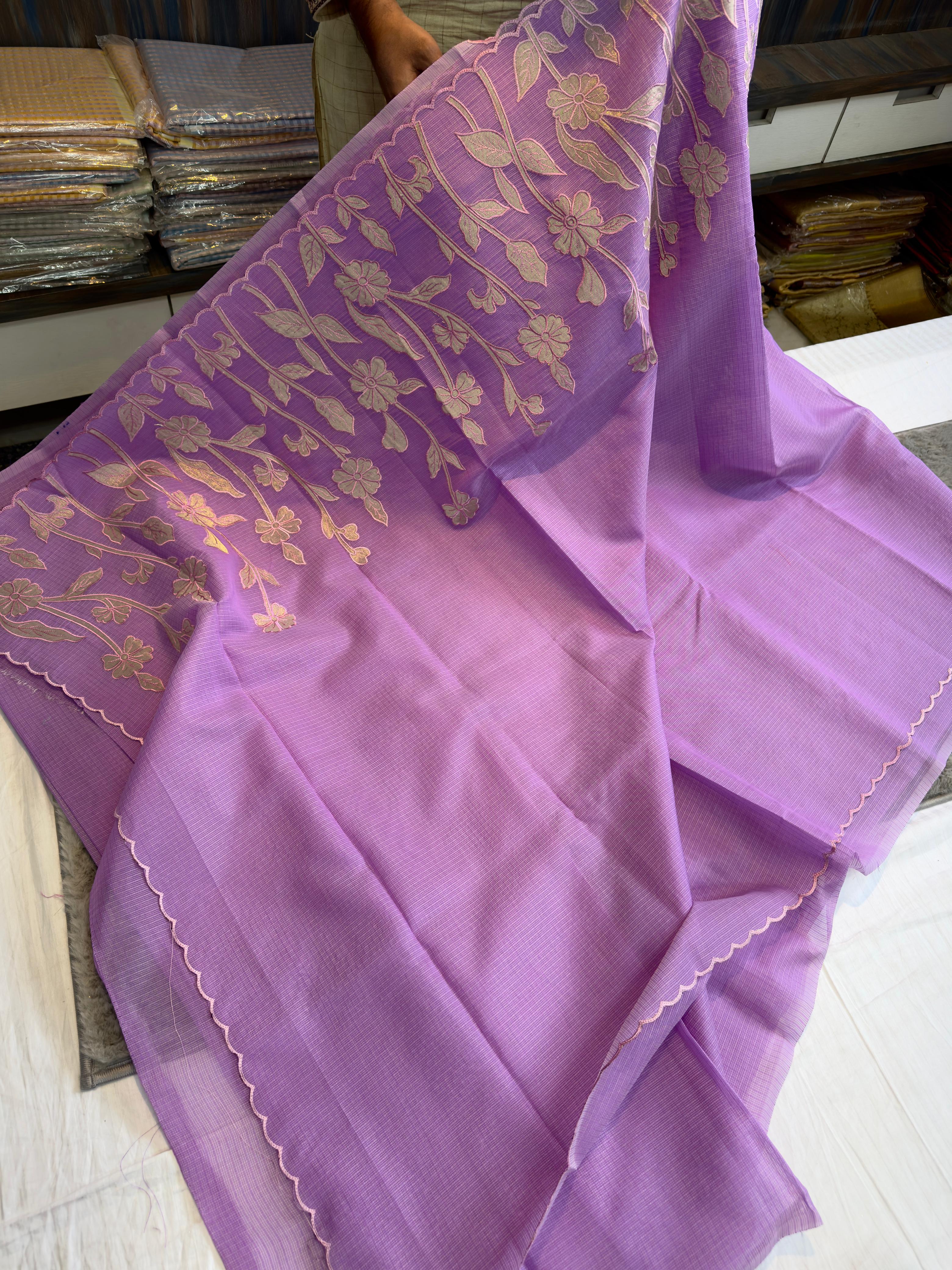 Lavender fabric with floral patterns 