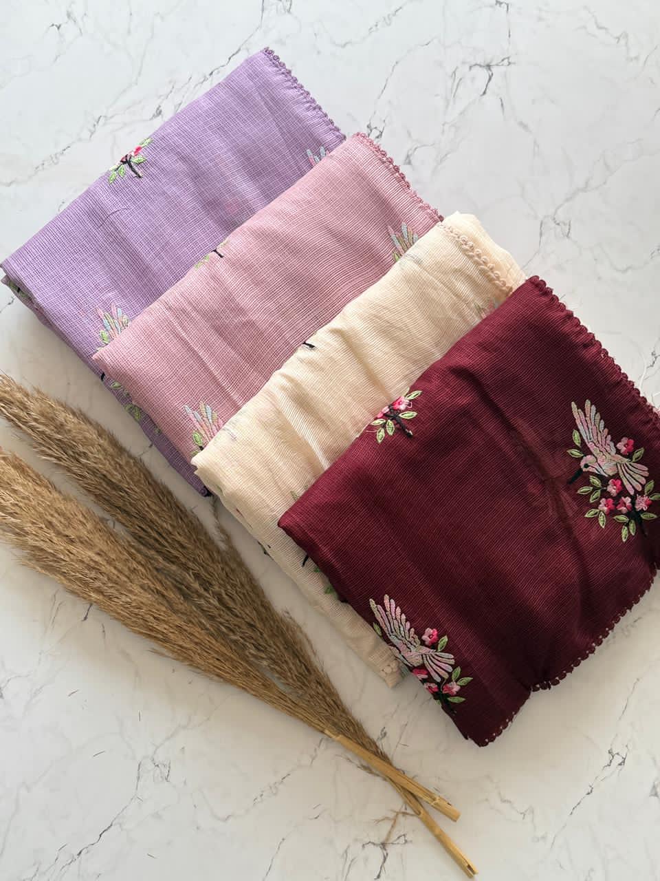 Lavender, peach, maroon, beige sarees