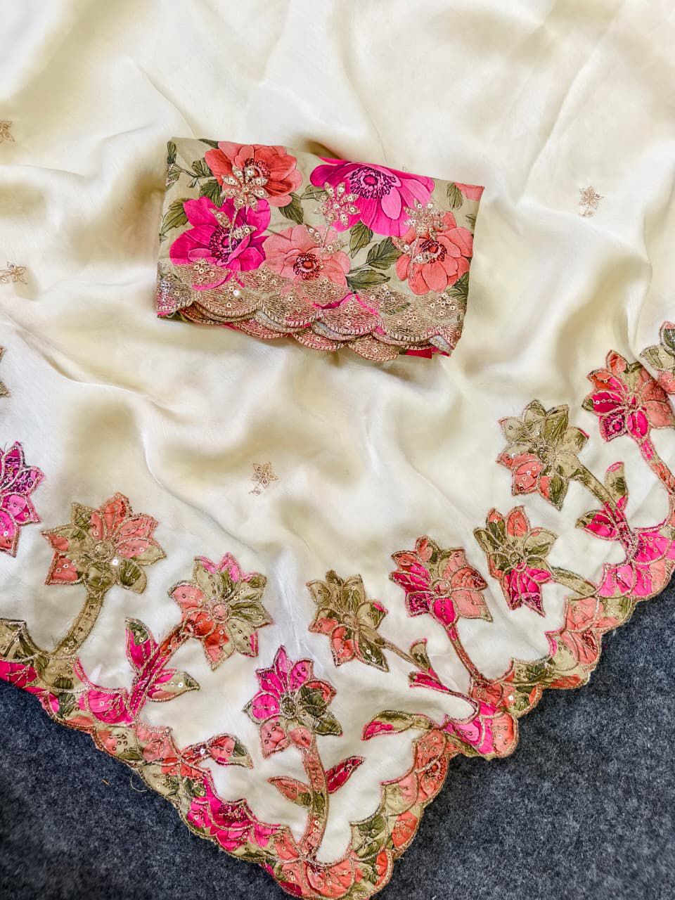 Embroidery white fabric with floral patterns on a white background