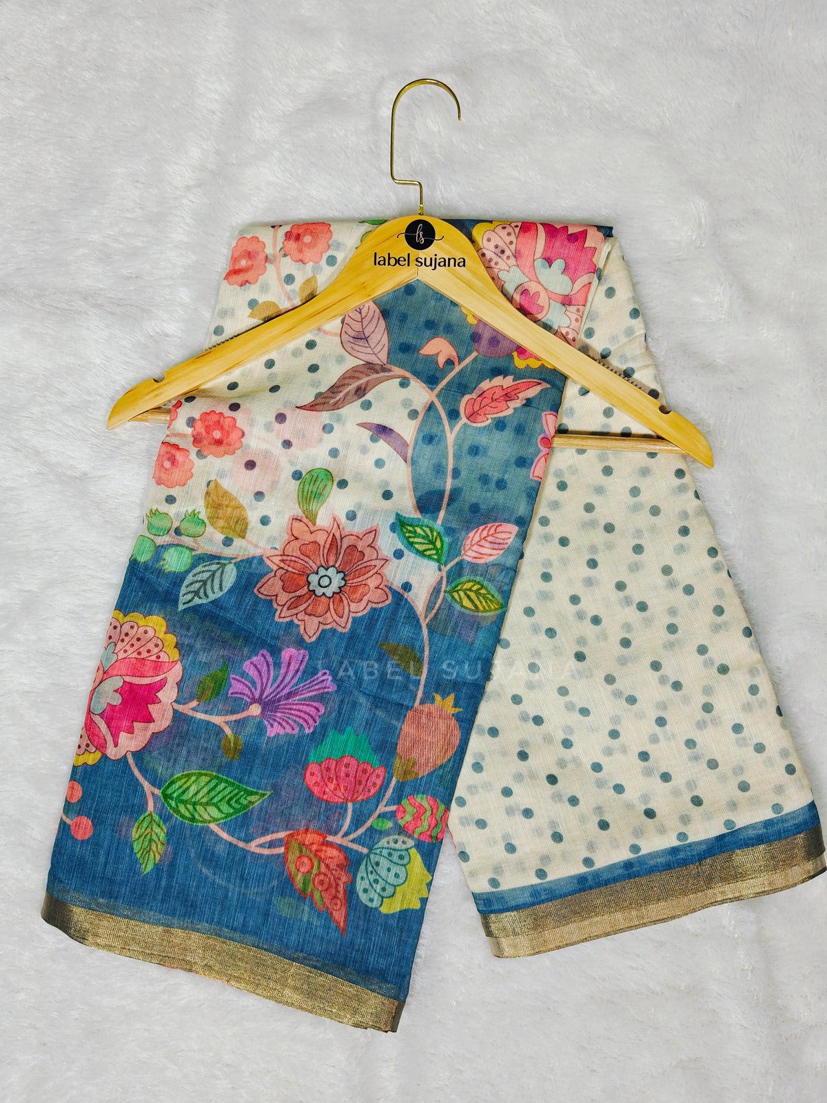 Blue Linen digital print saree with matching stitched blouse