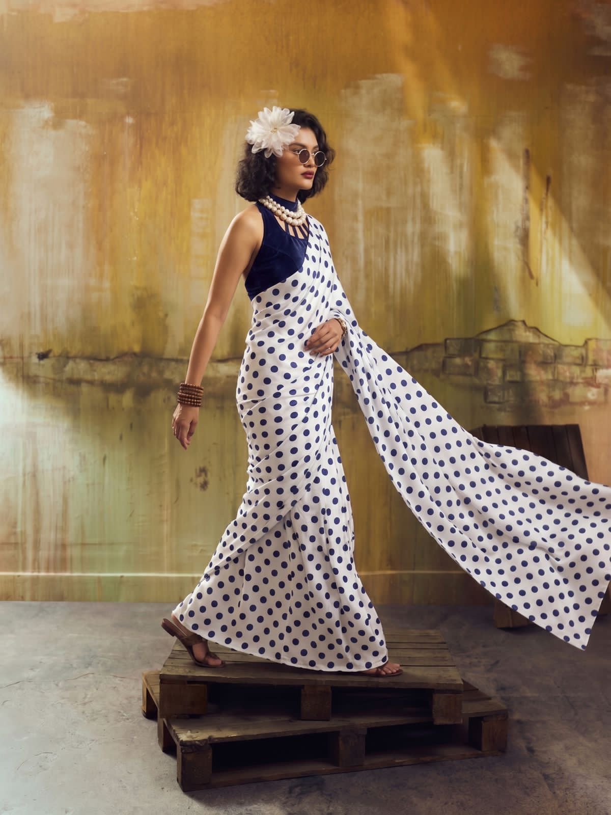 Ink blue polka dot saree