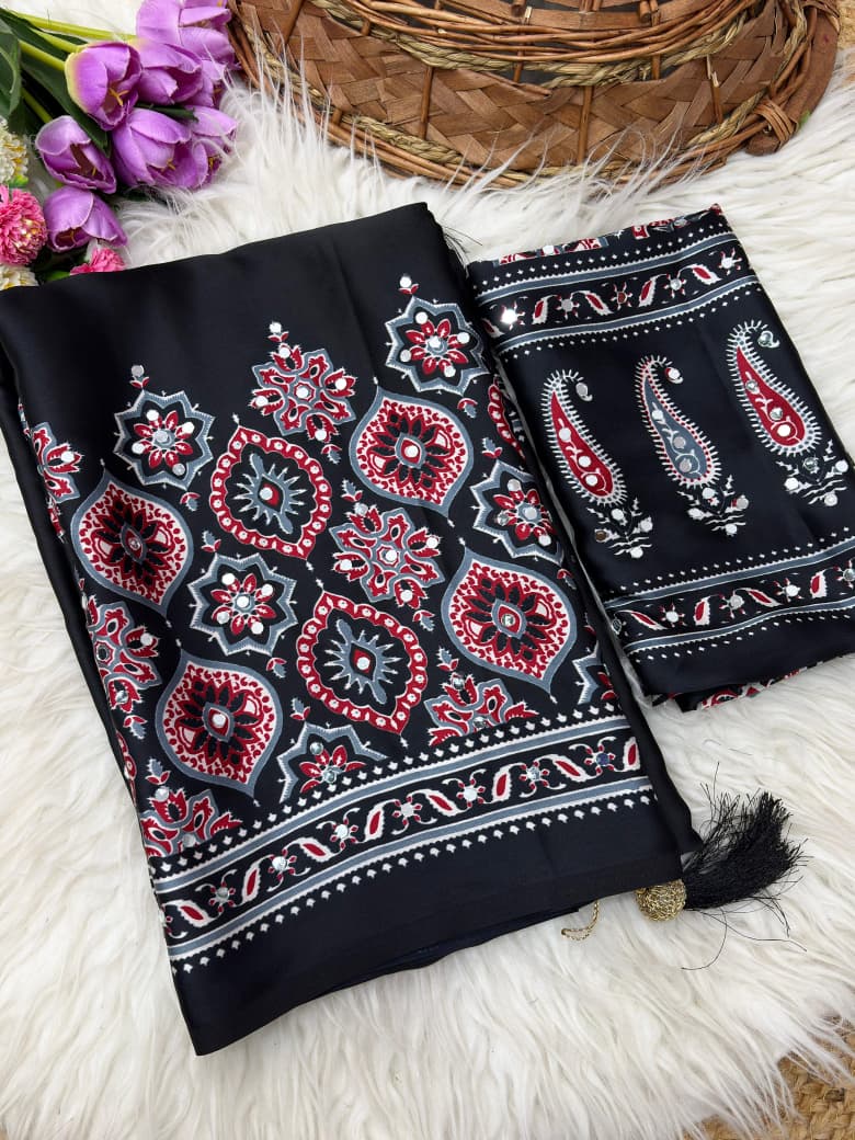 Black saree with floral patterns 