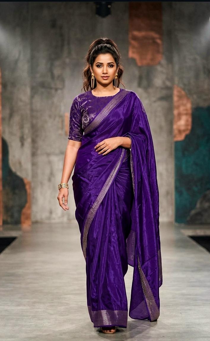 purple saree with gold border 